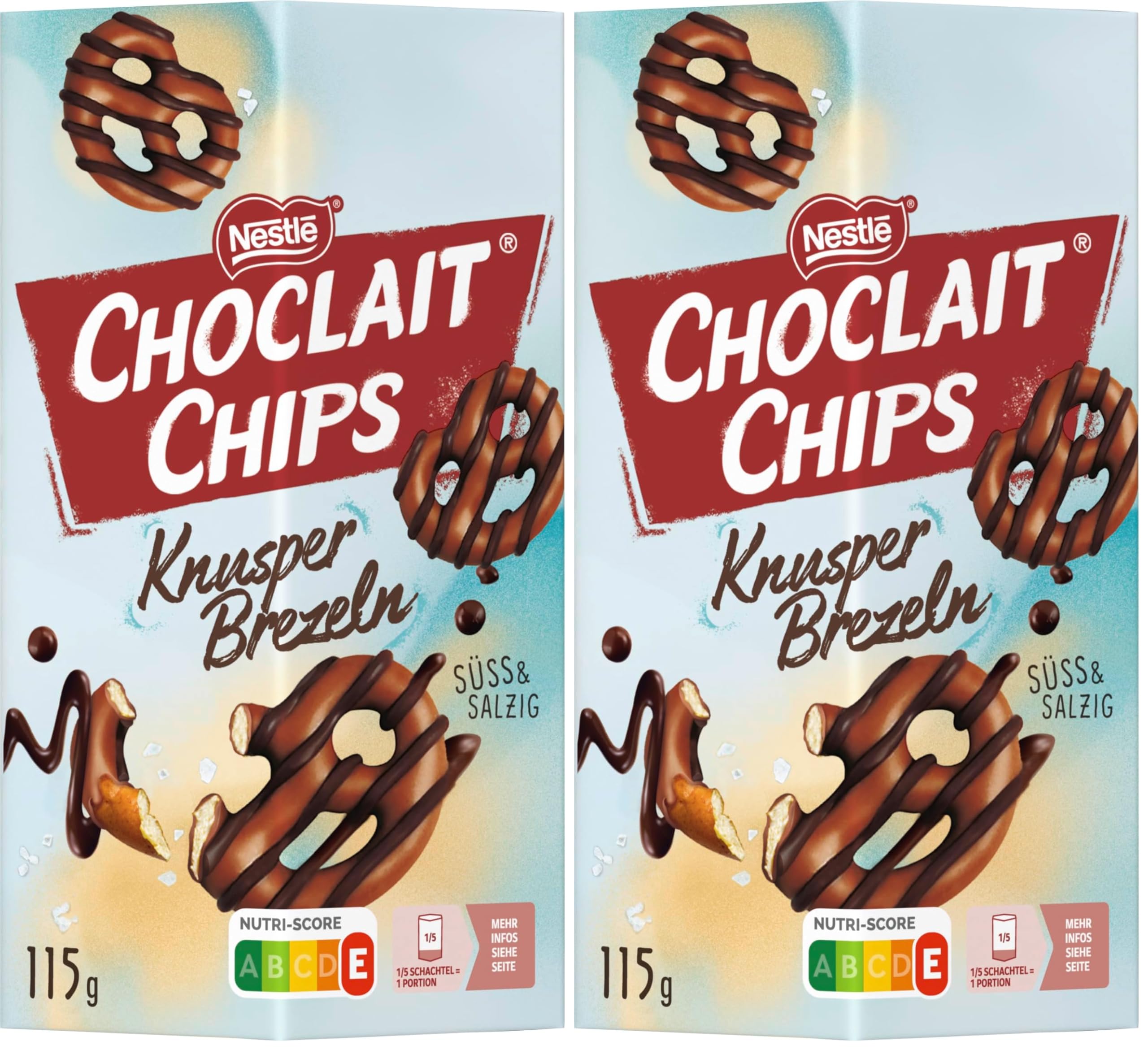 Nestlé CHOCLAIT CHIPS Knusper Brezeln, knackige Salzbrezeln umhüllt von Milchschokolade und verfeinert mit Dekorstreifen aus dunkler Schokolade, 2er Pack (1 x 115g)