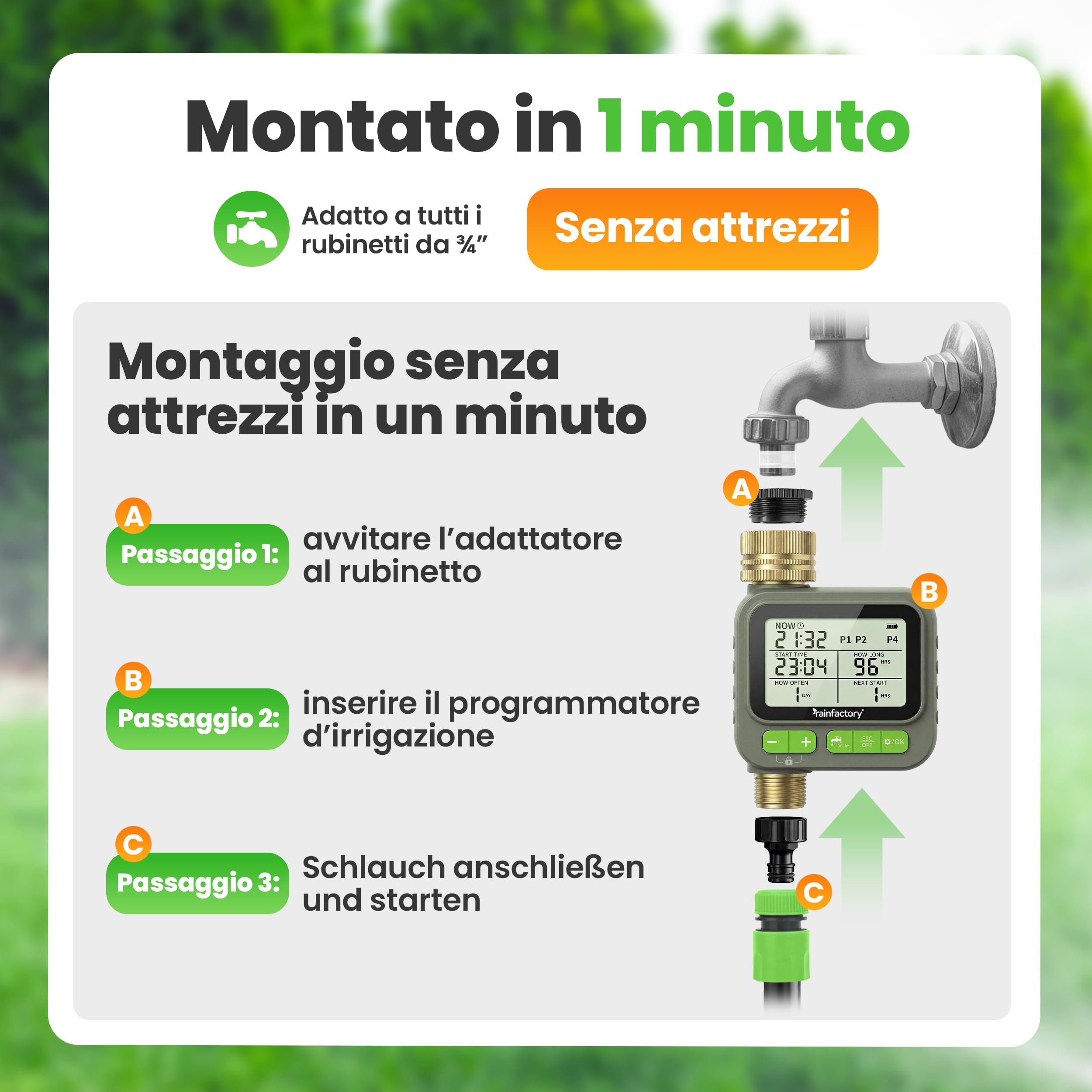 rainfactory - timer irrigazione automatico 1 via, centralina irrigazione a batteria IP65 con display LCD, 4 programmi, manuale, delay pioggia, raccordo ¾" per giardino, balcone, vasi, goccia a goccia!
