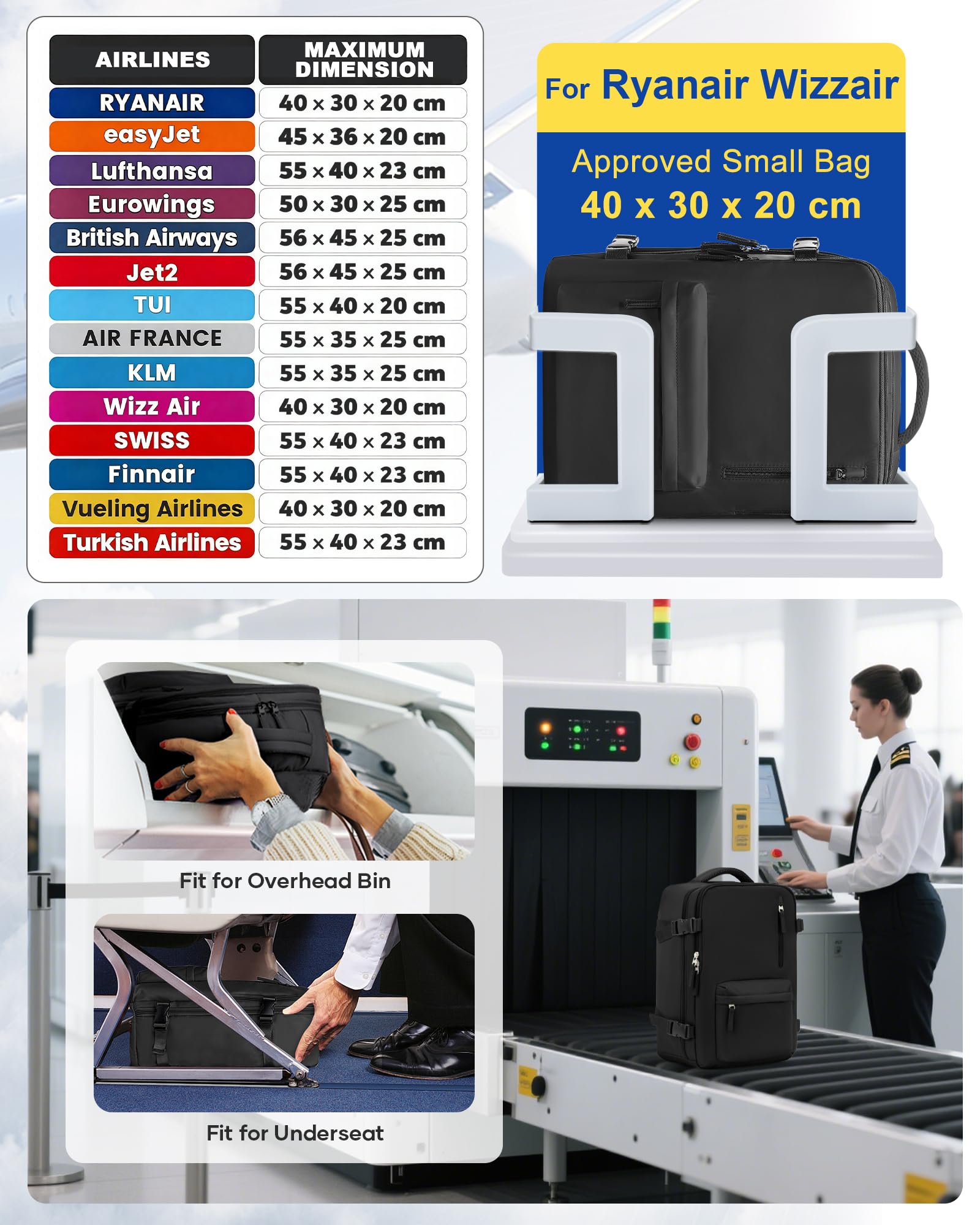 SZLX Zaino Ryanair 40x30x20 Sottovuoto con pompa Zaino Ryanair 40x20x25 Sottovuoto Bagaglio a Mano 40x30x20 Wizzair Zaino da Viaggio 45x36x20 Easyjet Donna Zaino Casual Laptop 14 Pollici Impermeabile