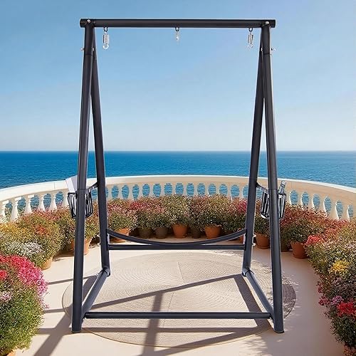 Base reforzada y soporte de hamaca de estructura triangular con 2 cestas de almacenamiento, soporte de columpio con 3 ganchos para la mayoría de
