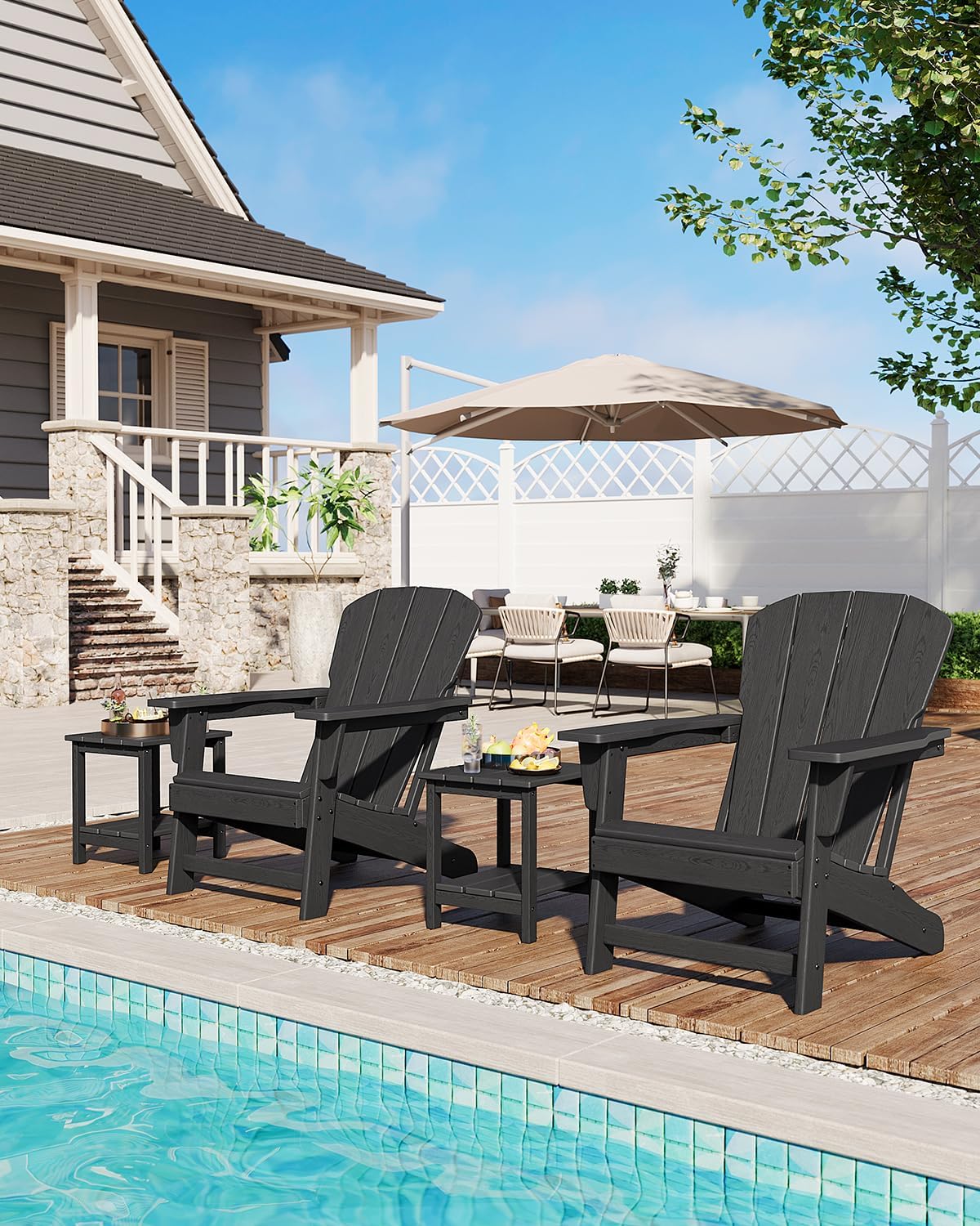 Modern HDPE Plastic Adirondack Chair Set of 2 with Side Table - Oversize 380 LB Poly Lumber Weather Resistant Firepit Chair - Outdoor Patio Chairs with Wooden Textured for Deck, Pool, Porch - Black