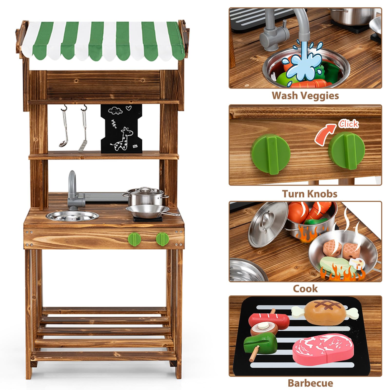 HOMASIS Cuisine d'extérieur en Bois avec auvent, Cuisine Jouet pour Enfants Double Face avec Tableau Noir, Robinet, 4 ustensiles et 2 Crochets, Barbecue Jouet pour Enfants à partir de 3 Ans, Vert