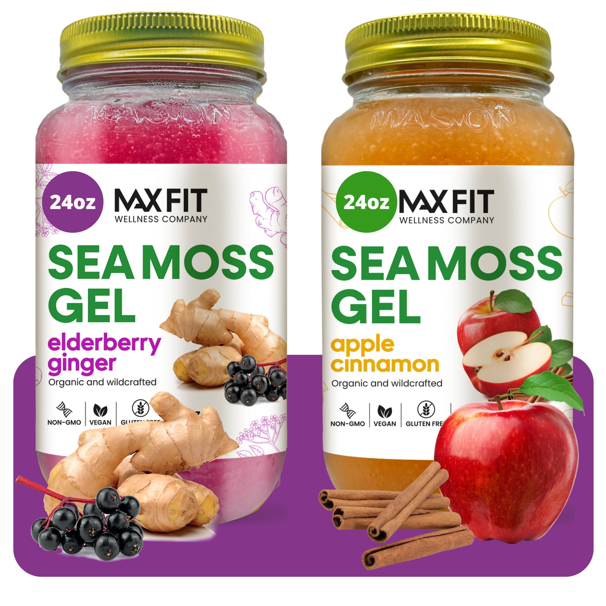 Sea Moss Gel Organic Raw (Bundle of 2 Jars 24oz) Apple Cinnamon and Elderberry Ginger Wildсrafted Gold Sea Moss Gel from Saint Lucia | 92 Vitamins and Minerals | Pure Raw+Non-GMO | Vegan Superfood