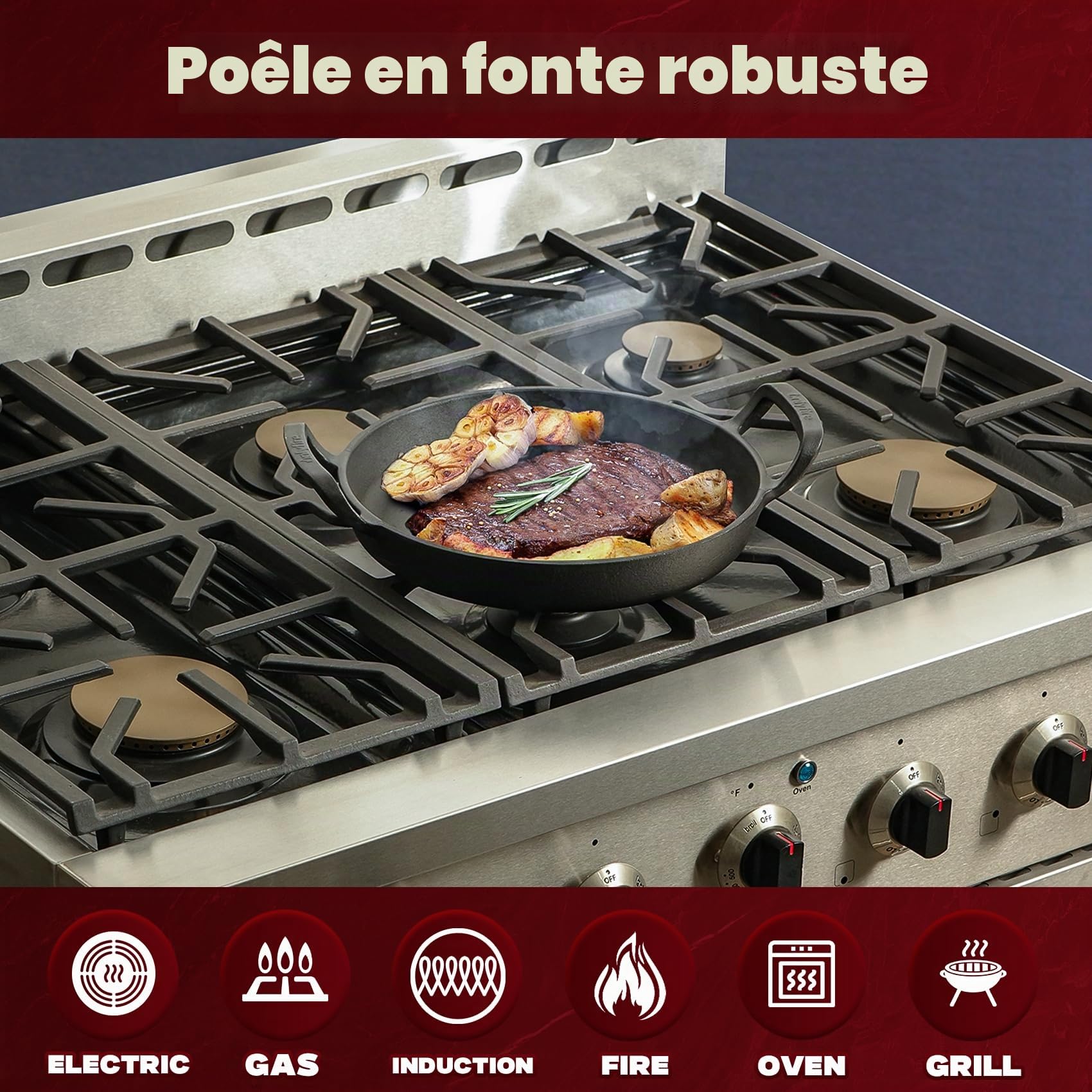 Onlyfire Poêles Gril en Fonte Ø 26.5 cm, Poêle à Griller avec Poignée, Accessoire de Barbeque pour Induction, Four, Barbecues à Gaz, Charbon et Électrique