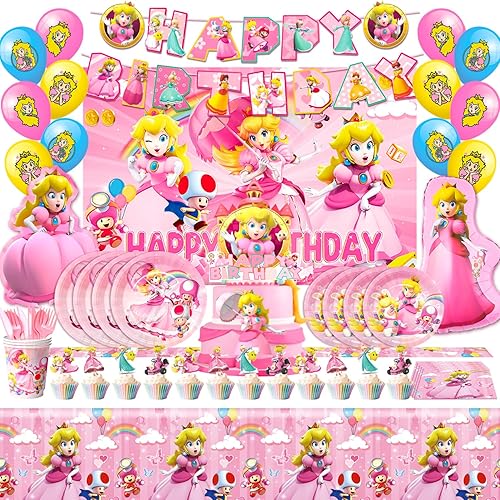Suministros para fiesta de cumpleaños de princesa melocotón, 114 piezas de decoraciones de fiesta de melocotón de princesa y juego de vajilla -