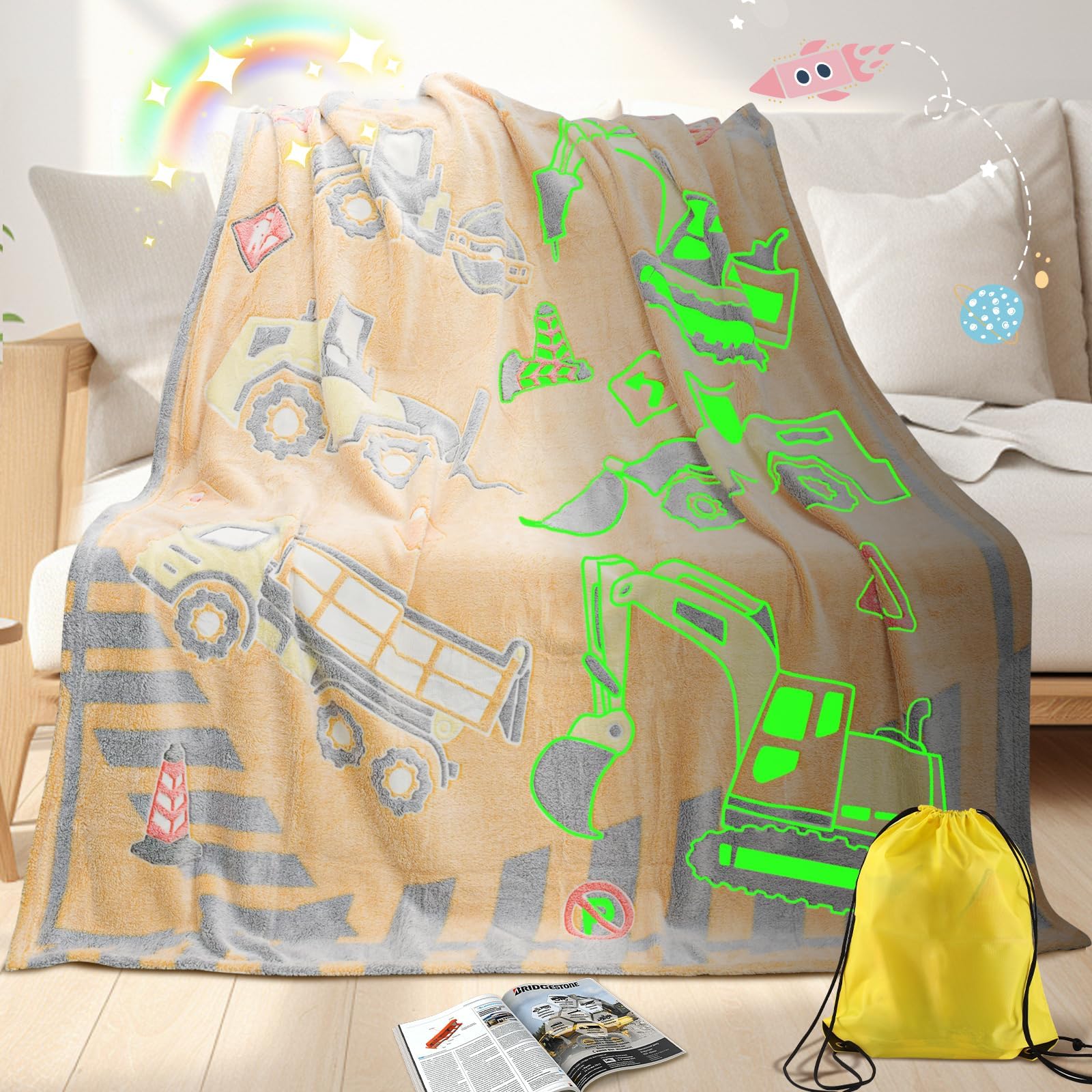 Excavator Glow in The Dark Tractor Blanket with Travel Bag Soft Cute Truck Blanket Gifts Toys for Kids Boys Child Teen Birthday Christmas Halloween Construction Kit Room Decor 50