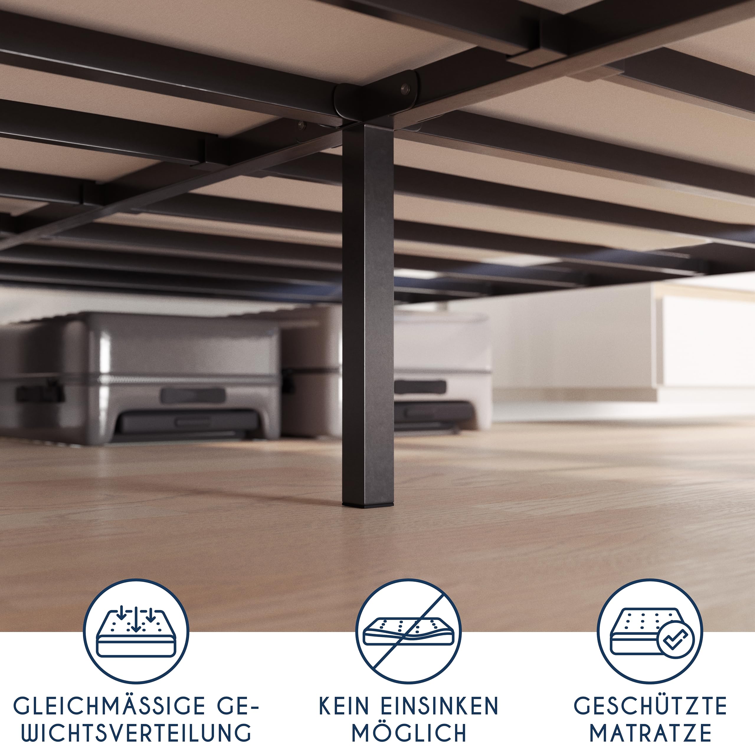 Dreamzie Bett 160x200 mit Lattenrost aus Metall - Bettgestell 160x200 für Matratze, Höche 35 cm - Großer Stauraum, Leicht zu Montieren und Stabil - Schwarzer Lattenrost