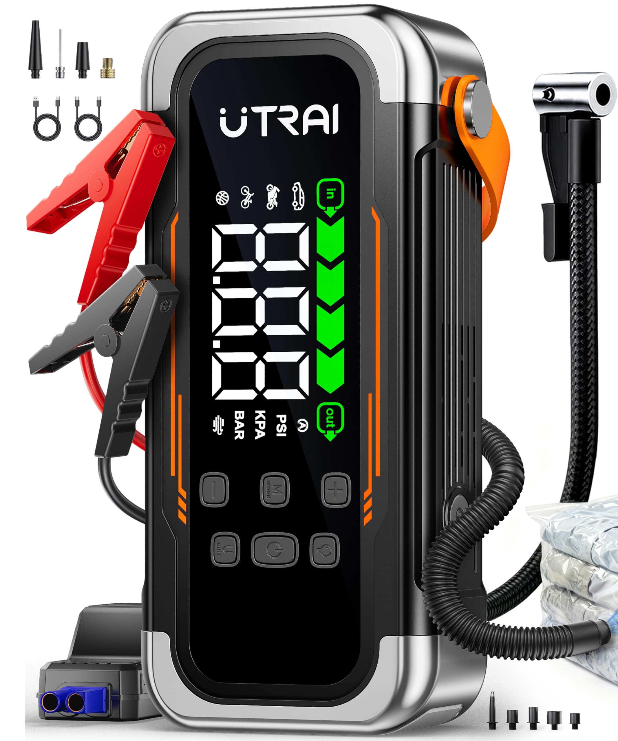 UTRAI 7000A Booster Avviatore Auto con Compressore & Soffiatore d'aria, 12V Avviatore Batteria Auto (Tutto Gas Benzina e 12L Diesel), Gonfiatore Pneumatici, Power Bank PD30W, Torcia LED Batteria Auto