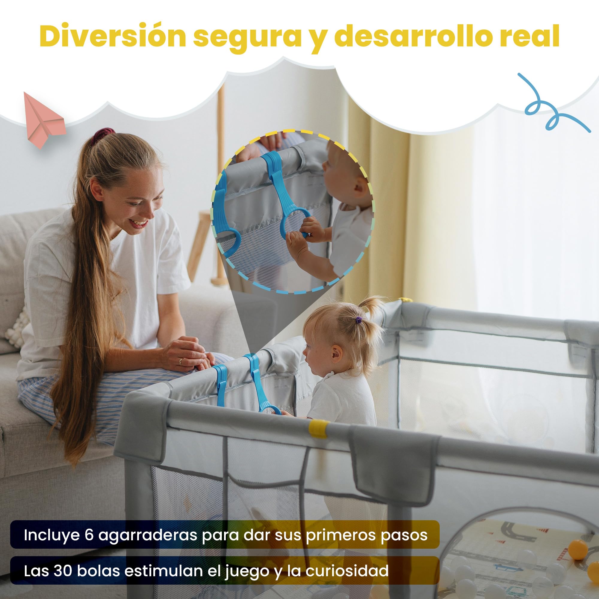 Parque Infantil Bebe 120x120cm - Alfombra Acolchada+ Juguete Mordedor+ Bolas+ 6 Anillas+ Bolsa Transporte - Parque Bebe Vista 360º - Playpen Baby Maxima Seguridad - Fácil De Montar Y Divertido