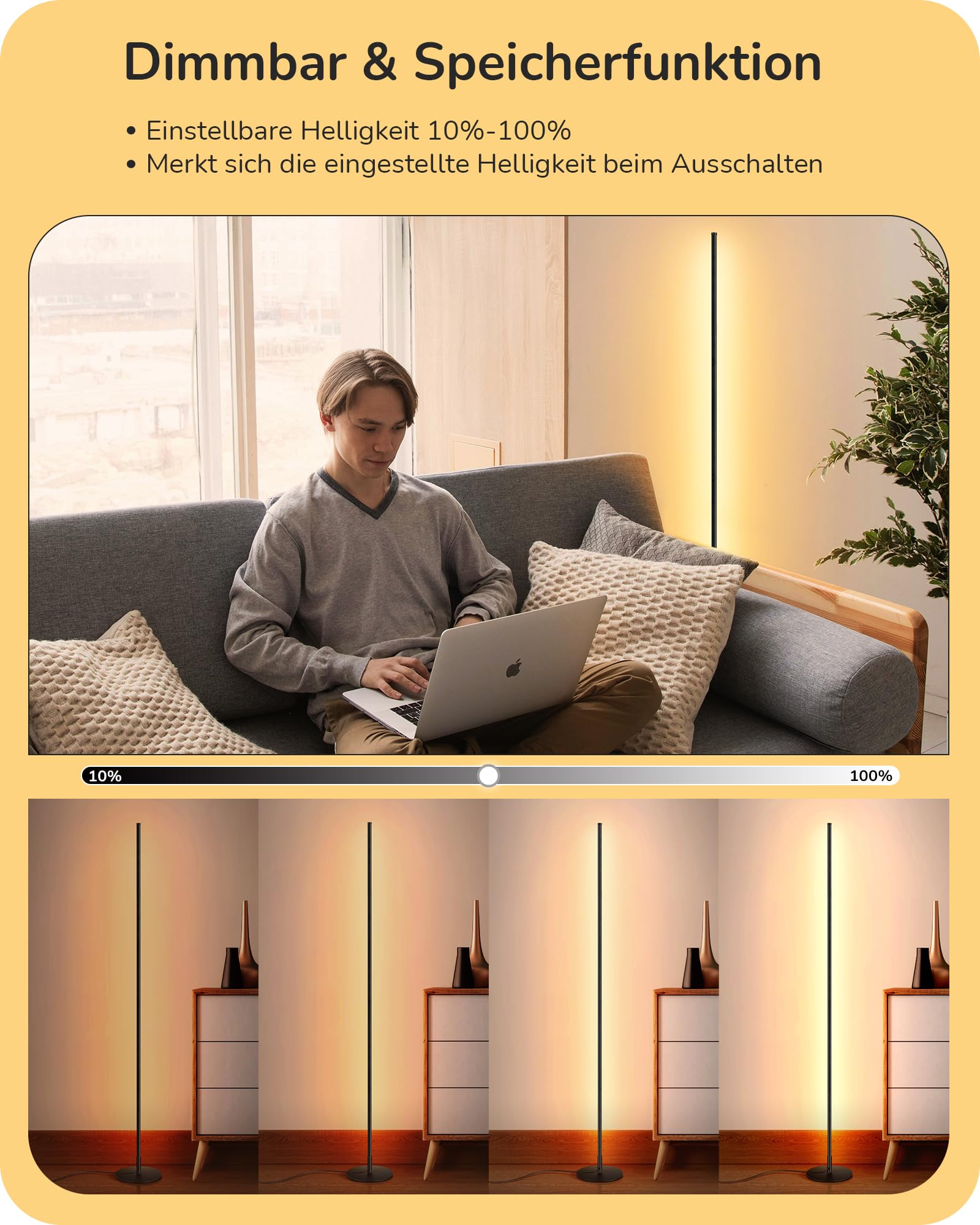 EDISHINE Lámpara LED de pie con intensidad variable continua, 3000K luz blanca cálida, lámpara de pie de esquina con interruptor de pie, lámpara de ambiente moderno para dormitorio, sala de estar
