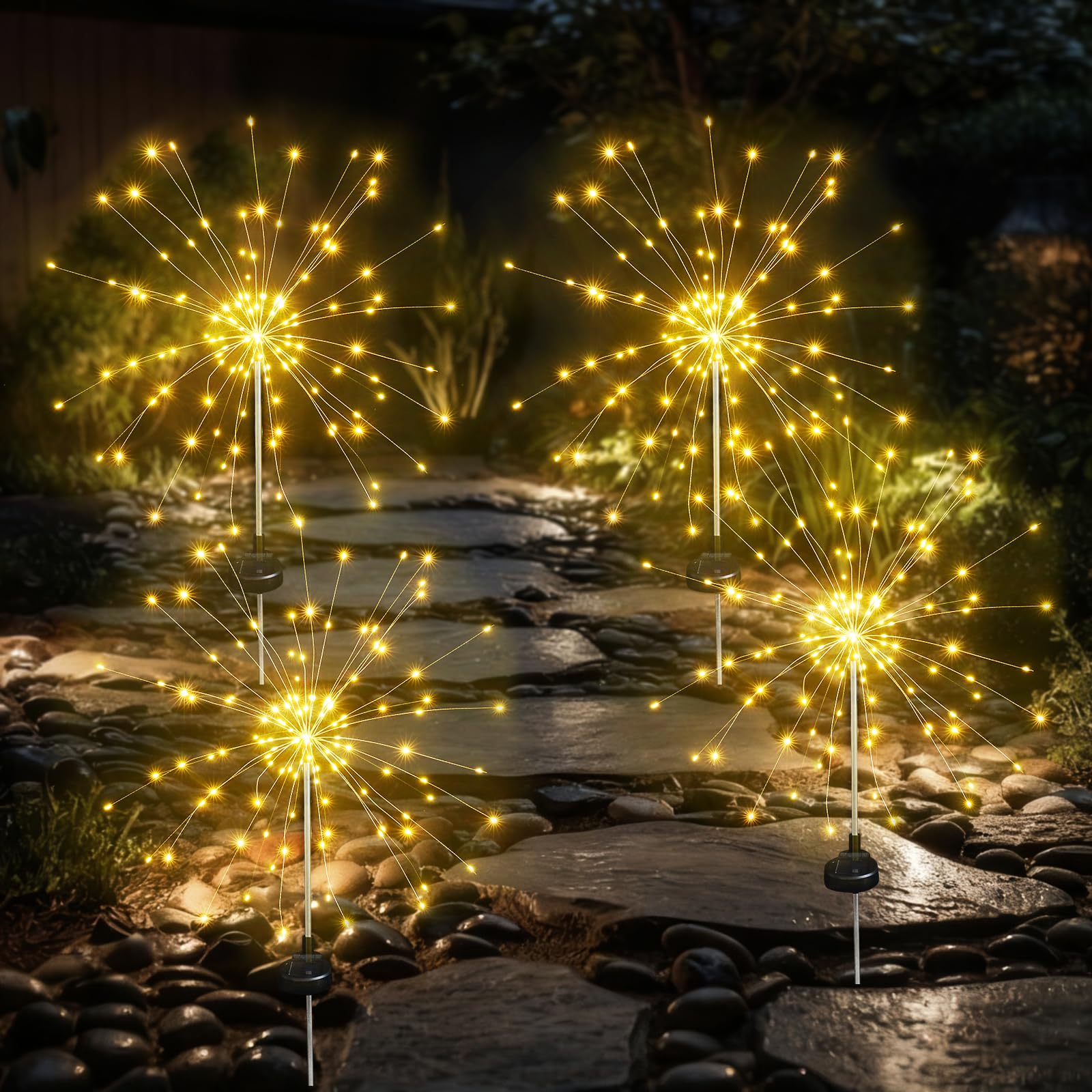 Solar Garden Firework Lights Outdoor Waterproof, 4 Pack Solar Lighting with 8 Lighting Modes, 120 LED Sparklers String Lights for Outside Decor Yard Pathway Decorations(Warm)