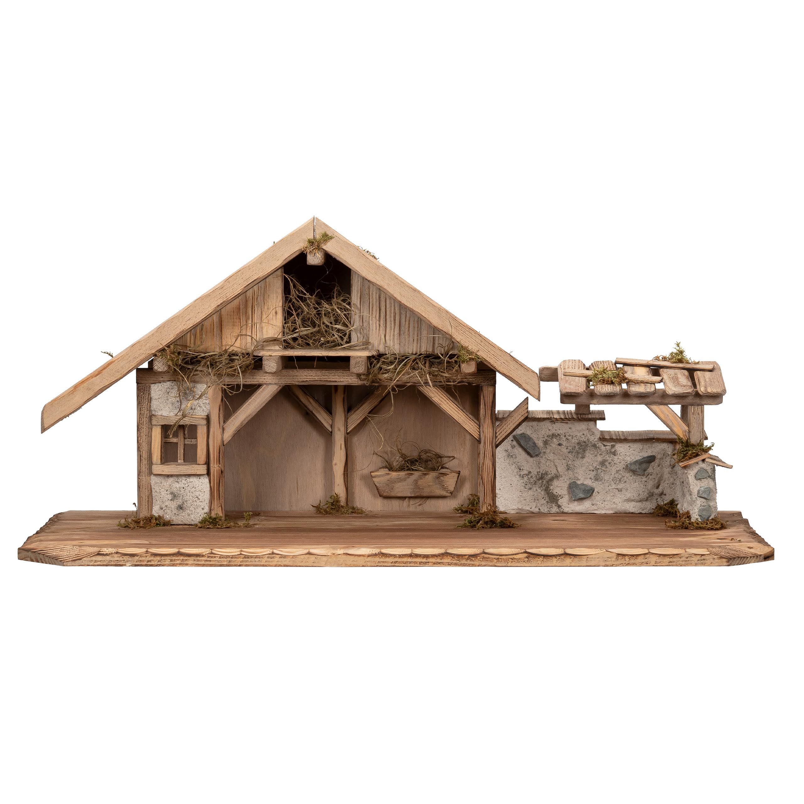 Bonetti Große Weihnachtskrippe | aus Holz und Gips gefertigt | mit Moos, Steinen und Stroh geschmückt | sehr detailreiche Krippe (ca. 70 x 30 x 31 cm (BxTxH))