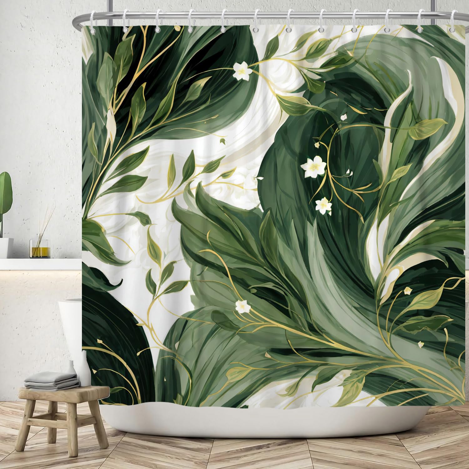 ASDCXZ Leaves Shower Curtain 120x180 cm, Spring Abstract Art Green Leaves White Flowers Bath Washable Shower Curtains Polyester Textile Waterproof Bath Curtain for Bathtub with 8 Hooks
