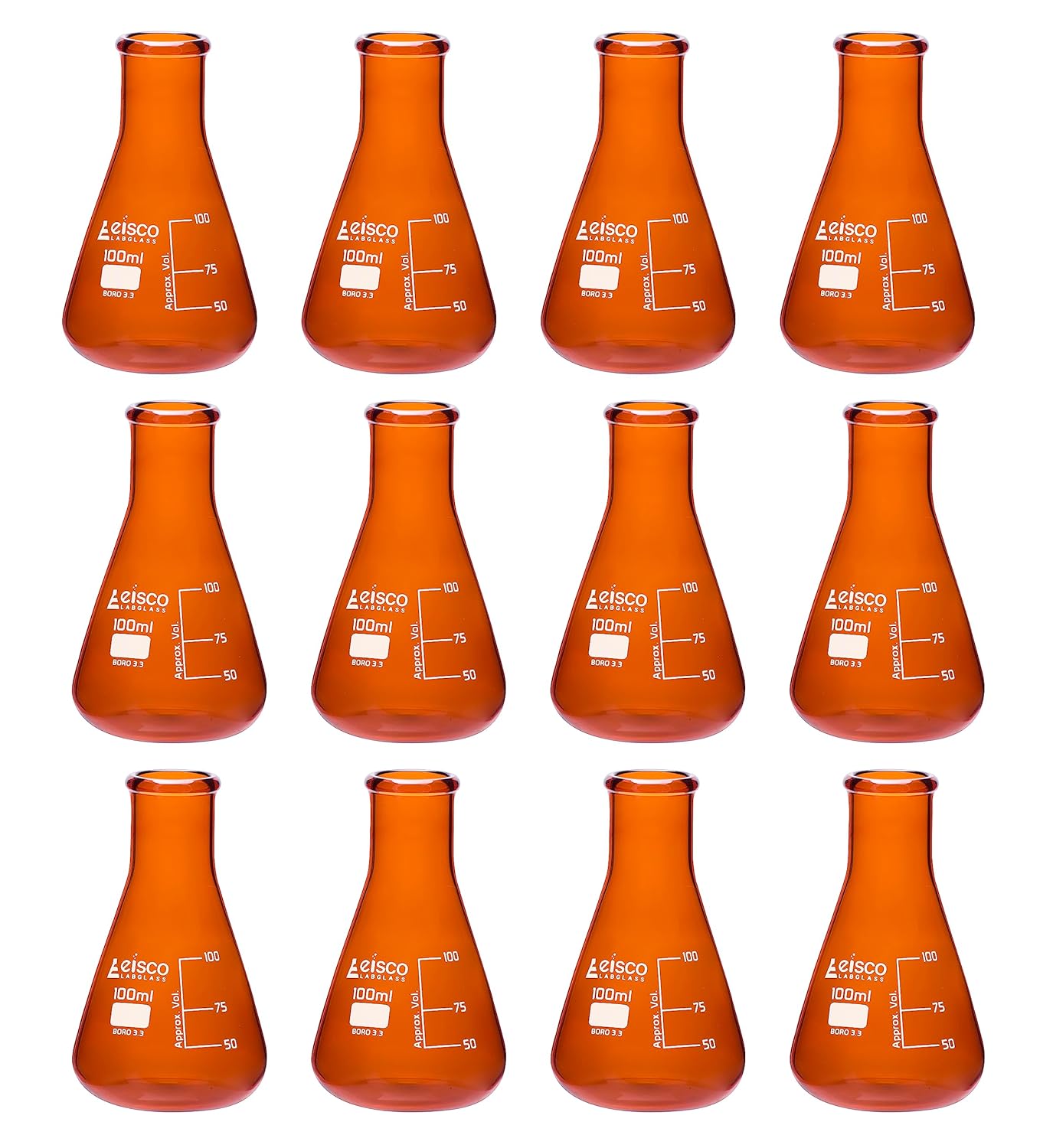 12PK Erlenmeyer Flask, Amber, 100mL Borosilicate Glass Narrow Neck