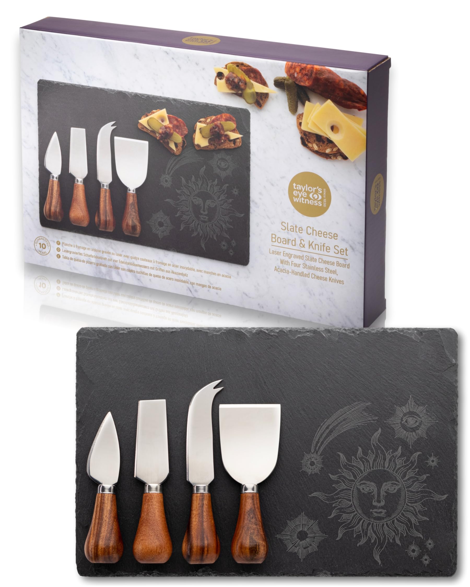 Taylors Eye Witness Acacia Wood & Slate 4 Piece Cheese Knife Set & Acacia Board - Stylish Cheese Knives Gift Set With Mystic Designed Slate Board. Acacia Wood Handles & Classic Polished Stainless Steel Blades. 10 Year Guarantee.