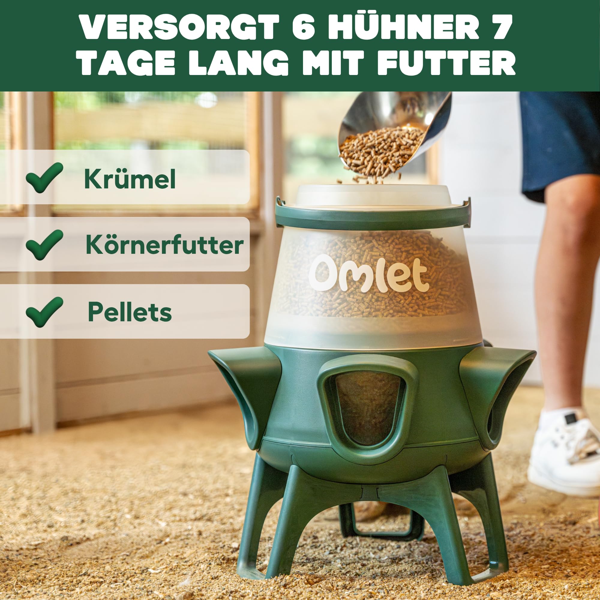 Omlet Futtersparender Hühnerfutterautomat für Hühnerstall | 5kg Anti-Verschüttung Geflügel Futterspender | 5 Futteröffnungen | Füttert 6 Hühner 7 Tage | Aufhängbar & Freistehend | Wetterfes
