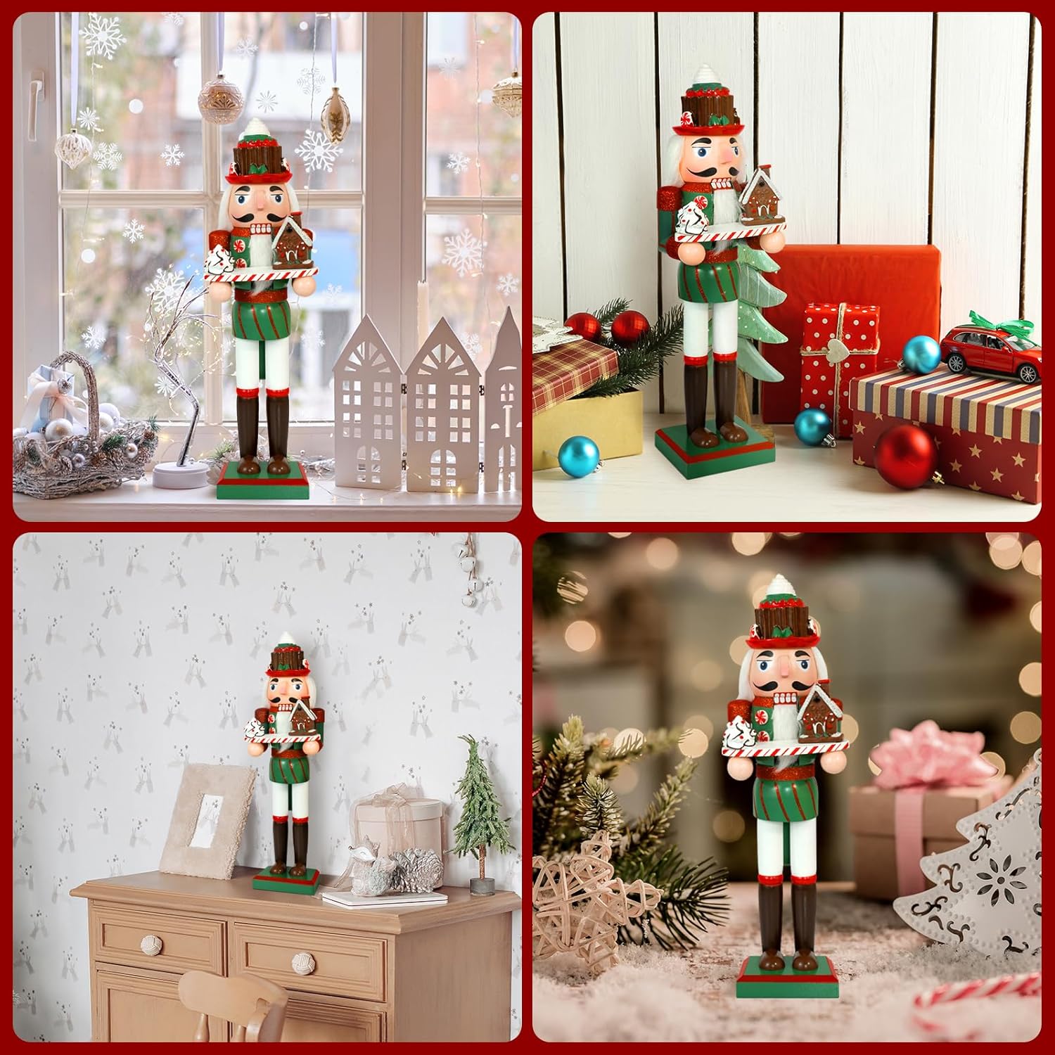 Christmas Baker Nutcracker Decorations - 14 Inch Chef Gingerbread Figures Handmade Wooden Cook Holding Cake & Cabin for Xmas Kitchen Table Home Party Holiday Christmas Ornaments Gifts