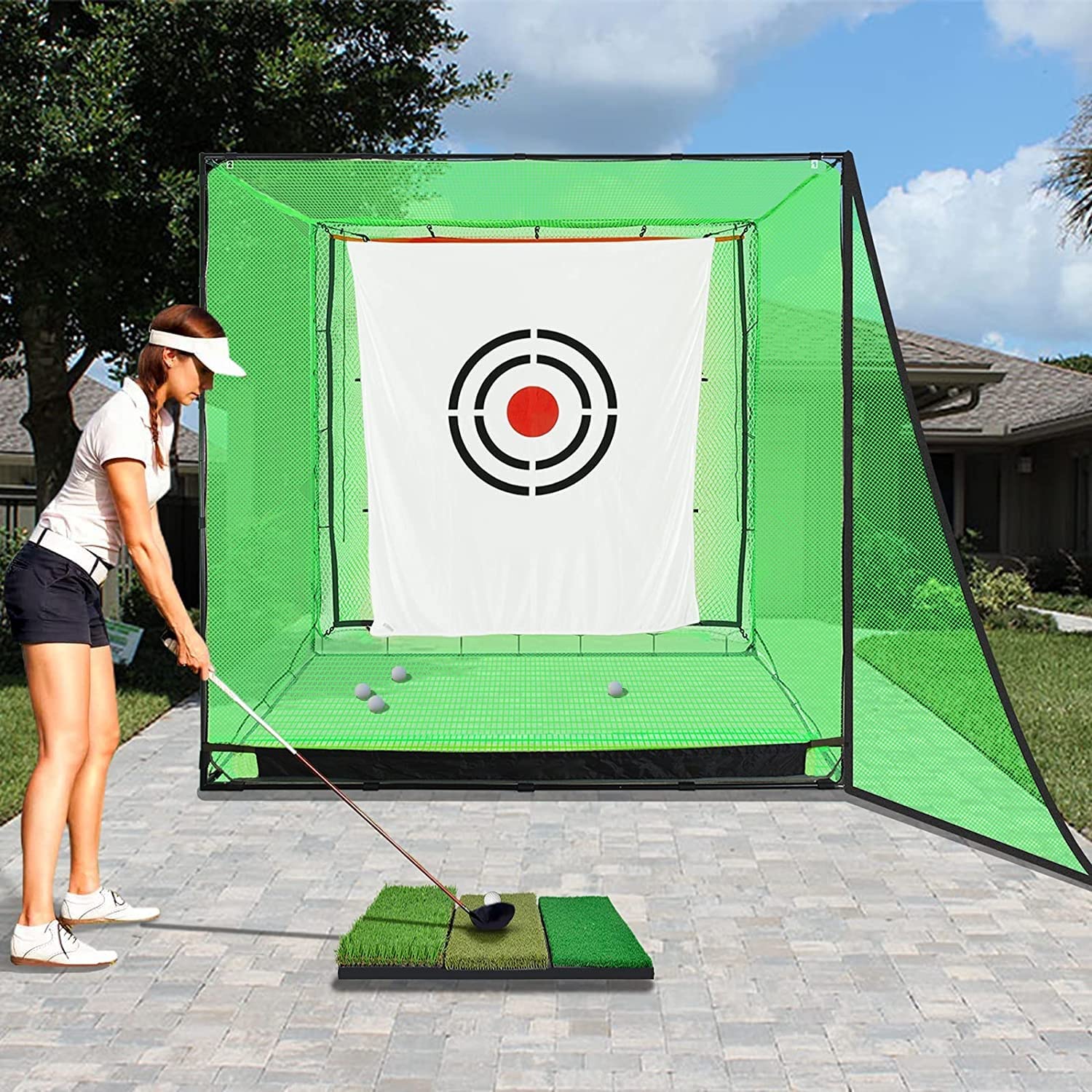 Kapler Red de golf de 2,1 x 2,1 m con marco de acero para jardín e interior, para entrenamiento de conducción y chipping