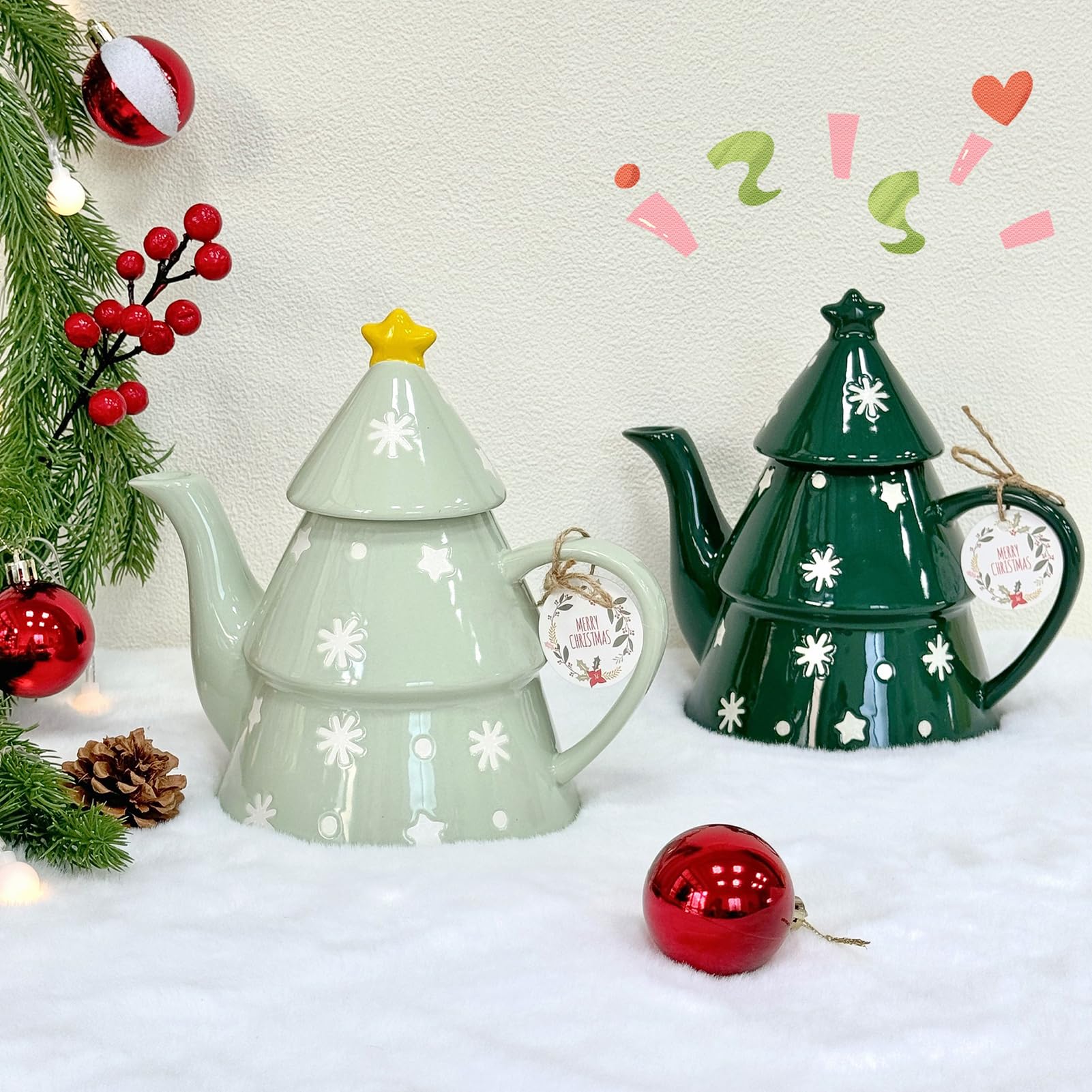 Teekanne Weihnachten, Porzellan Weihnachtsdekorationen, Keramik Weihnachtskanne Kaffee Tee, 820 Ml Süße Weihnachten Kaffeetasse, Kaffeekanne Mit Weihnachtsbaum Perfekt Für Tee Und Kaffee (A)