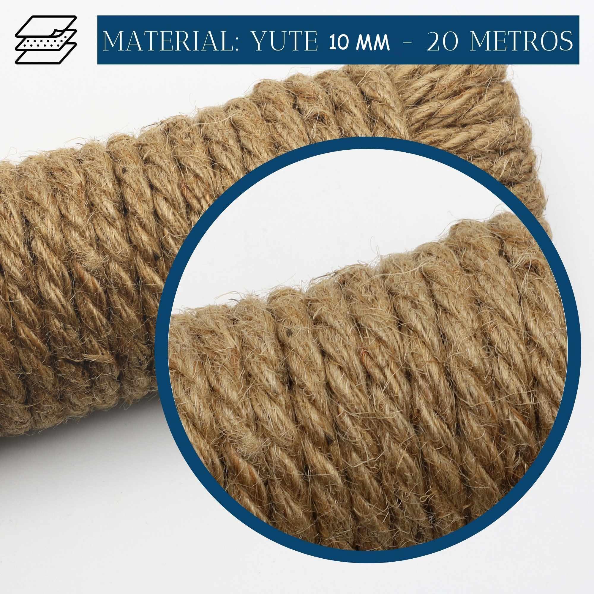 TECHZOCO Cuerda de cáñamo Natural, Rollo de Cordel Yute, Cordel cañamo, Cuerda para Bricolaje, Decoración de Muebles, Envoltura, Jardinería, Confección, Artesanía, 20 Metros de Largo x 10 mm Grosor