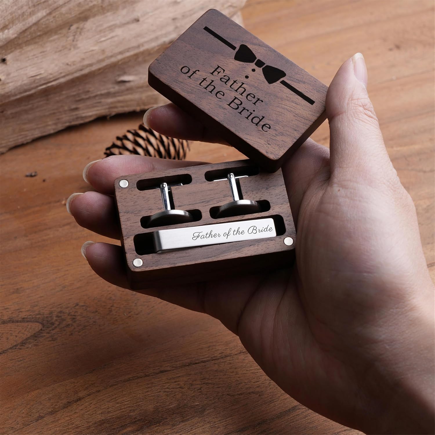Father of the Bride Gift Set, Wooden Box with Cufflinks and Tie Clip, Bow Tie Design, Wedding Keepsake