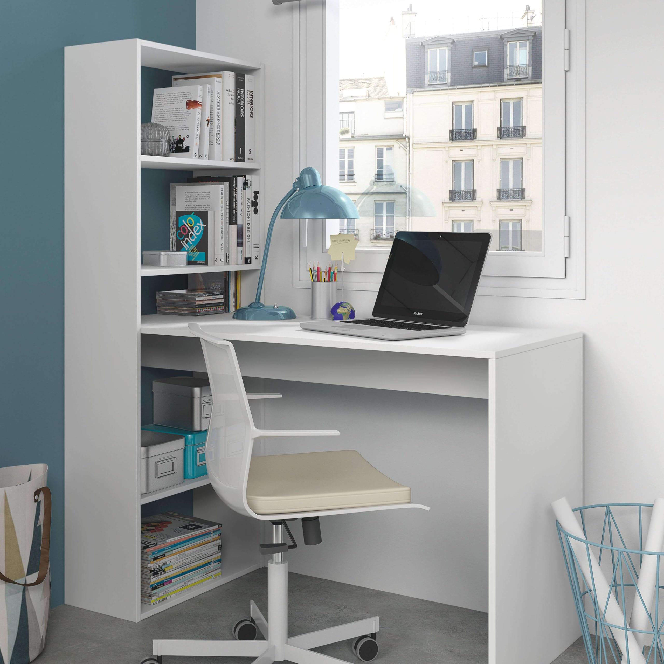 Habitdesign Mesa de Ordenador, Escritorio con Estanteria Reversible, Blanco Artik, Modelo Duplo, Medidas: 120 cm (Ancho) x 53 cm (Fondo) x 144 cm (Alto)