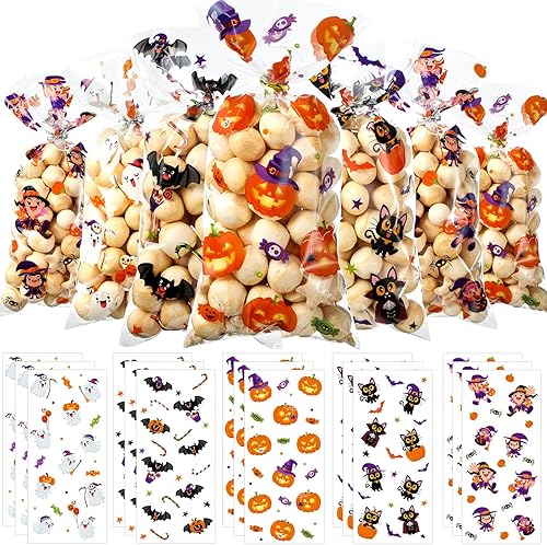 100 bolsas de dulces de celofán de Halloween a granel, bolsas de plástico con lazos giratorios, suministros de fiesta temática de Halloween, bolsas
