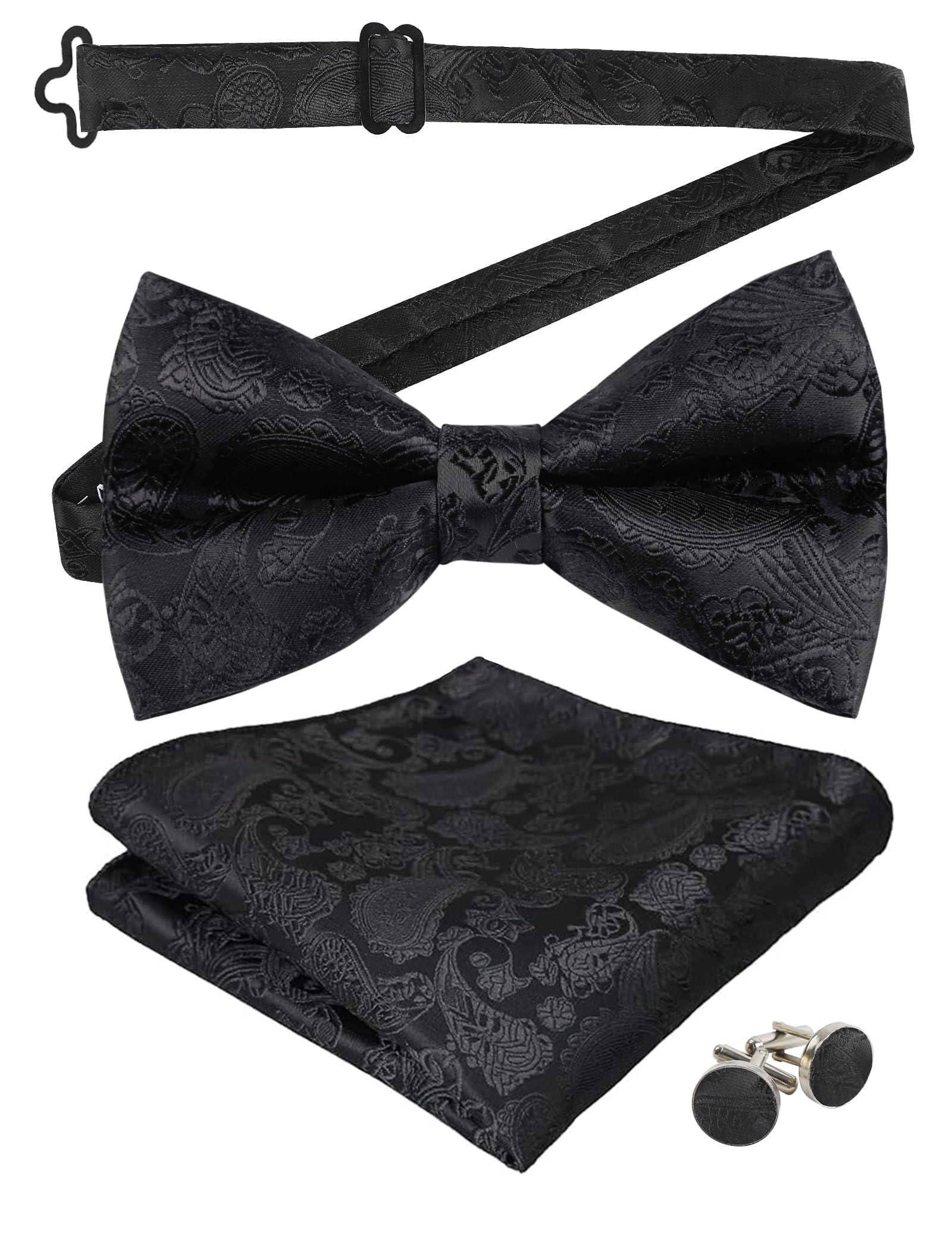 Men's Paisley Bow Tie, Hanky and Cufflinks Set (Black)(Size: One Size)