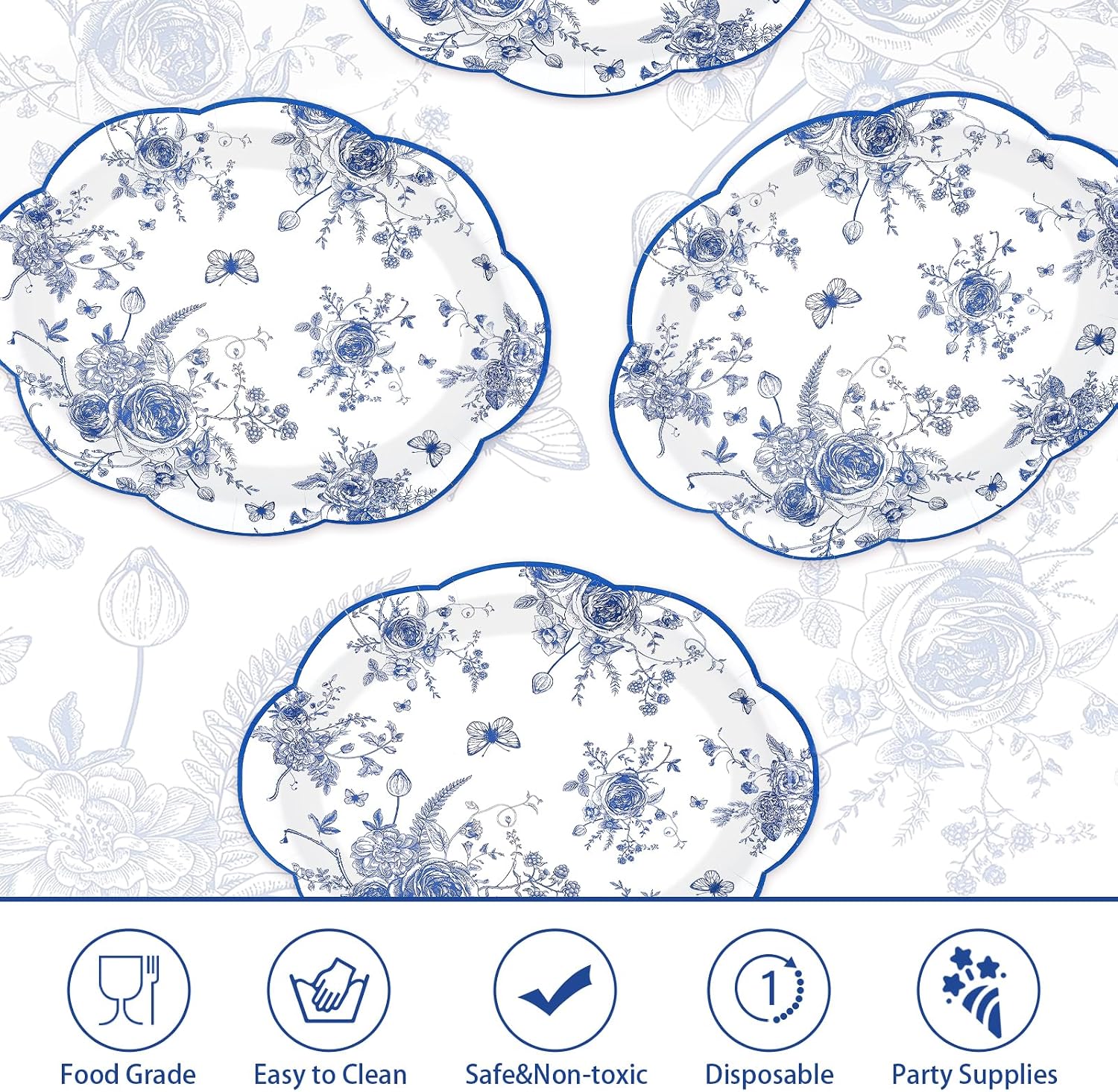 Grencian 150 Pcs Blue Floral Paper Plates Disposable Blue and White Floral Scalloped Plates Heavy Duty Vintage Flower Dinner Dessert Platters for Wedding Bridal Shower Decorations Tea Party Supplies