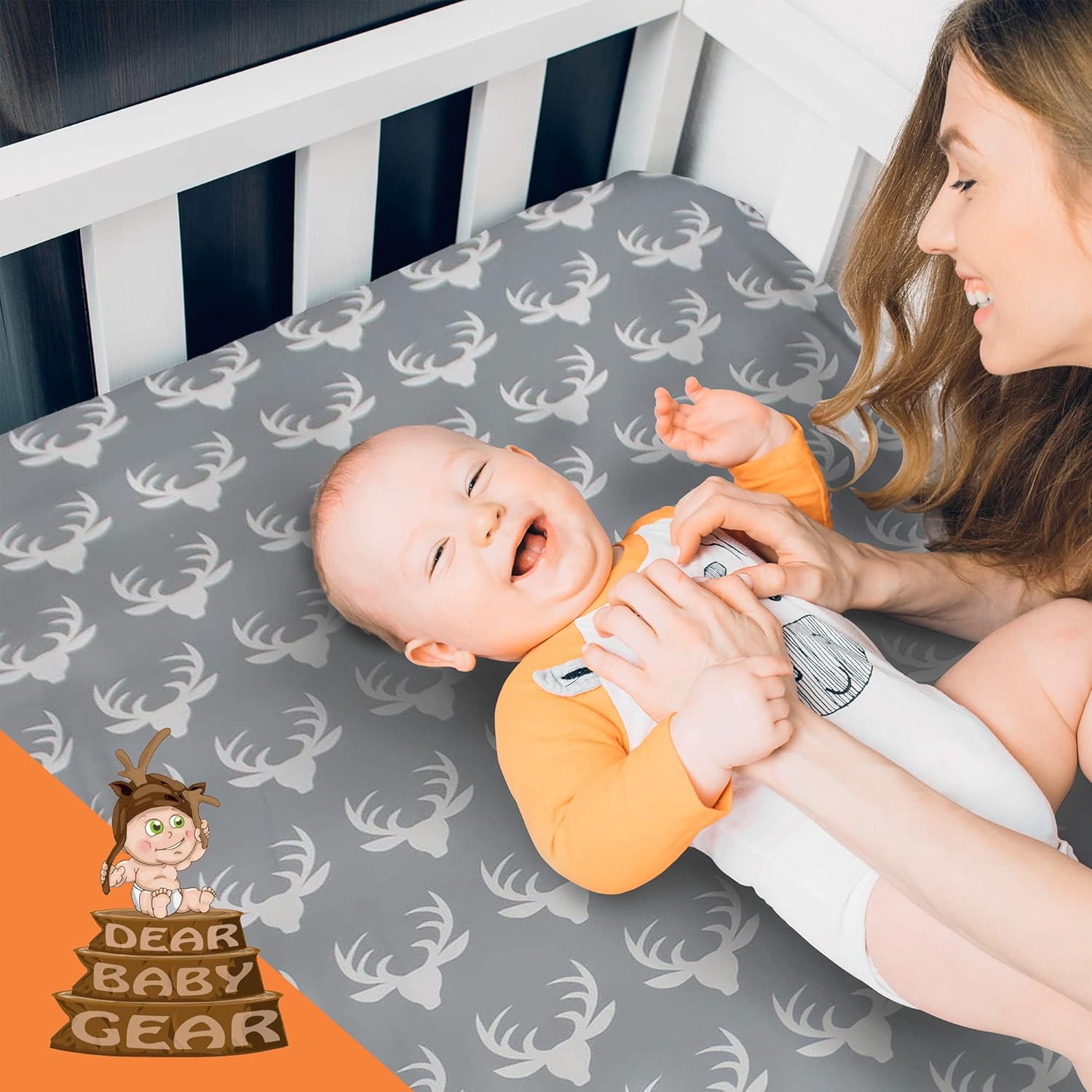 Dear Baby Gear Baby Crib Sheets - Toddler Bed Sheets - Breathable Fitted Bed Sheet - Nursery Bedding - Cribs Mattress Cover - Infant Crib Sheet for Girl & Boys -52x28x10 (White Antler on Gray Print)