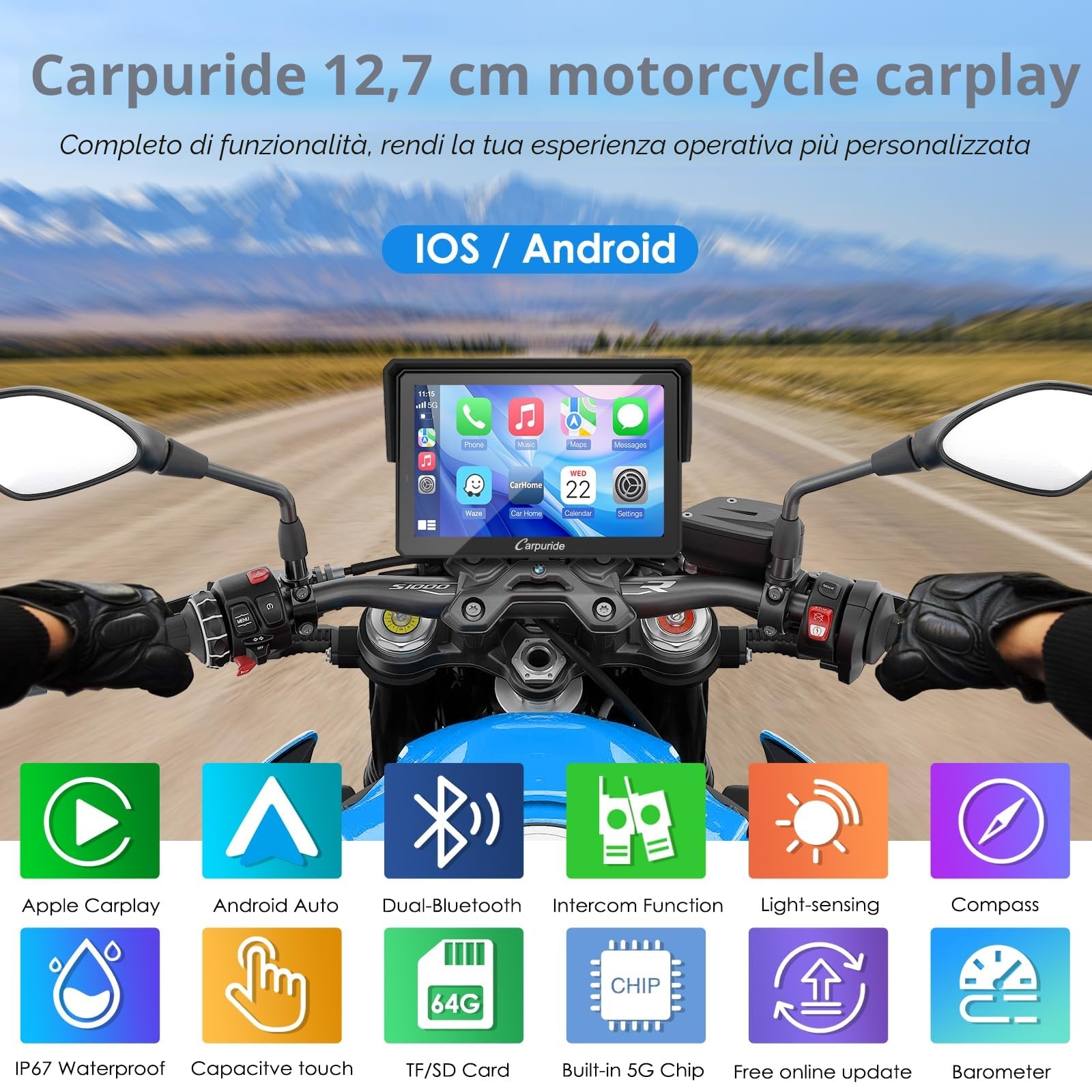 Carpuride W502PRO B per Moto B.-M-.W CarPlay e Android Auto e Doppio Bluetooth, Navigatore Moto Impermeabile da 5 pollici, condivisione di musica, Interfono, EQ, Sensore di Luce, Bussola, Barometro