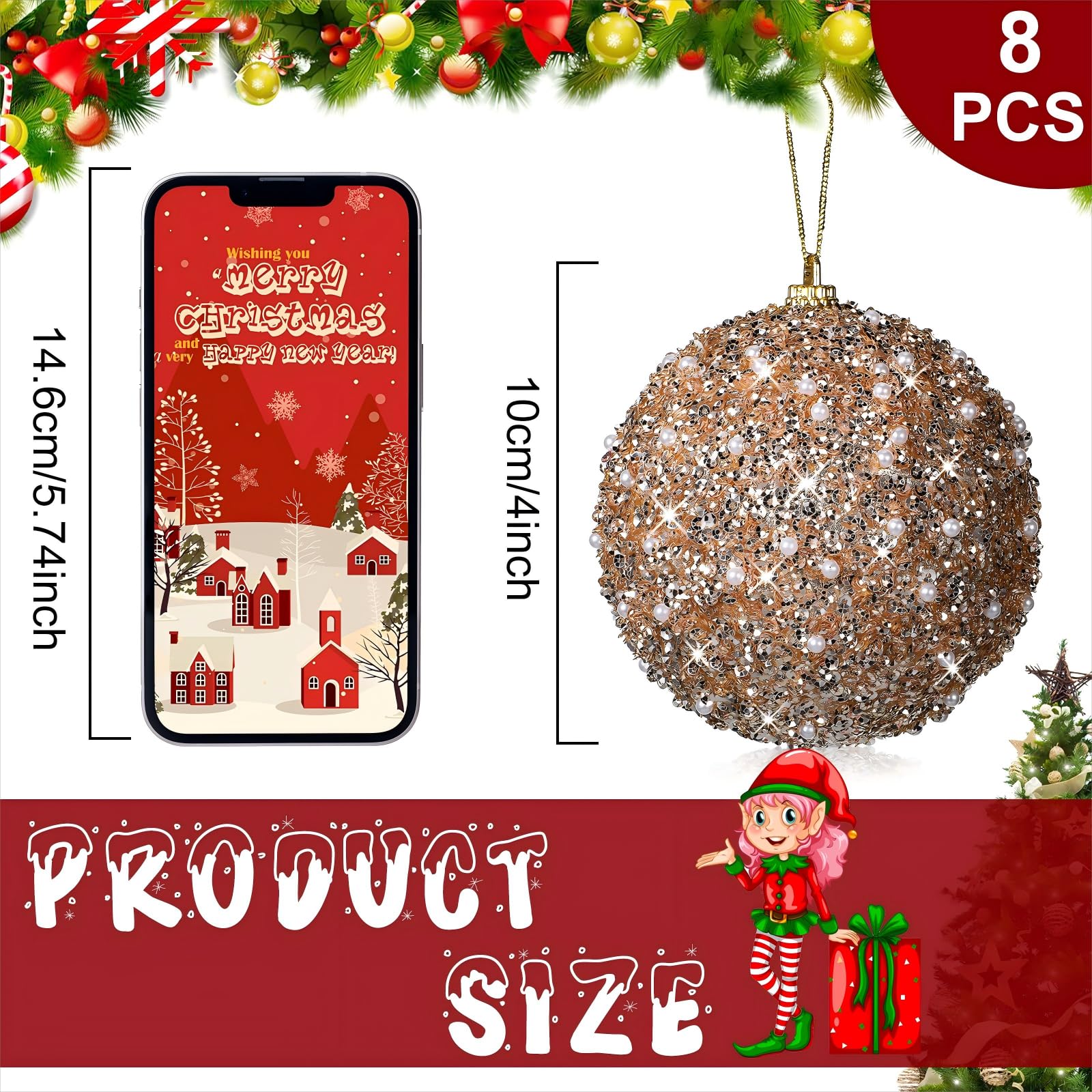 Lot de 8 boules de Noël à paillettes à suspendre - Décoration de Noël à suspendre - Décoration de fête de mariage