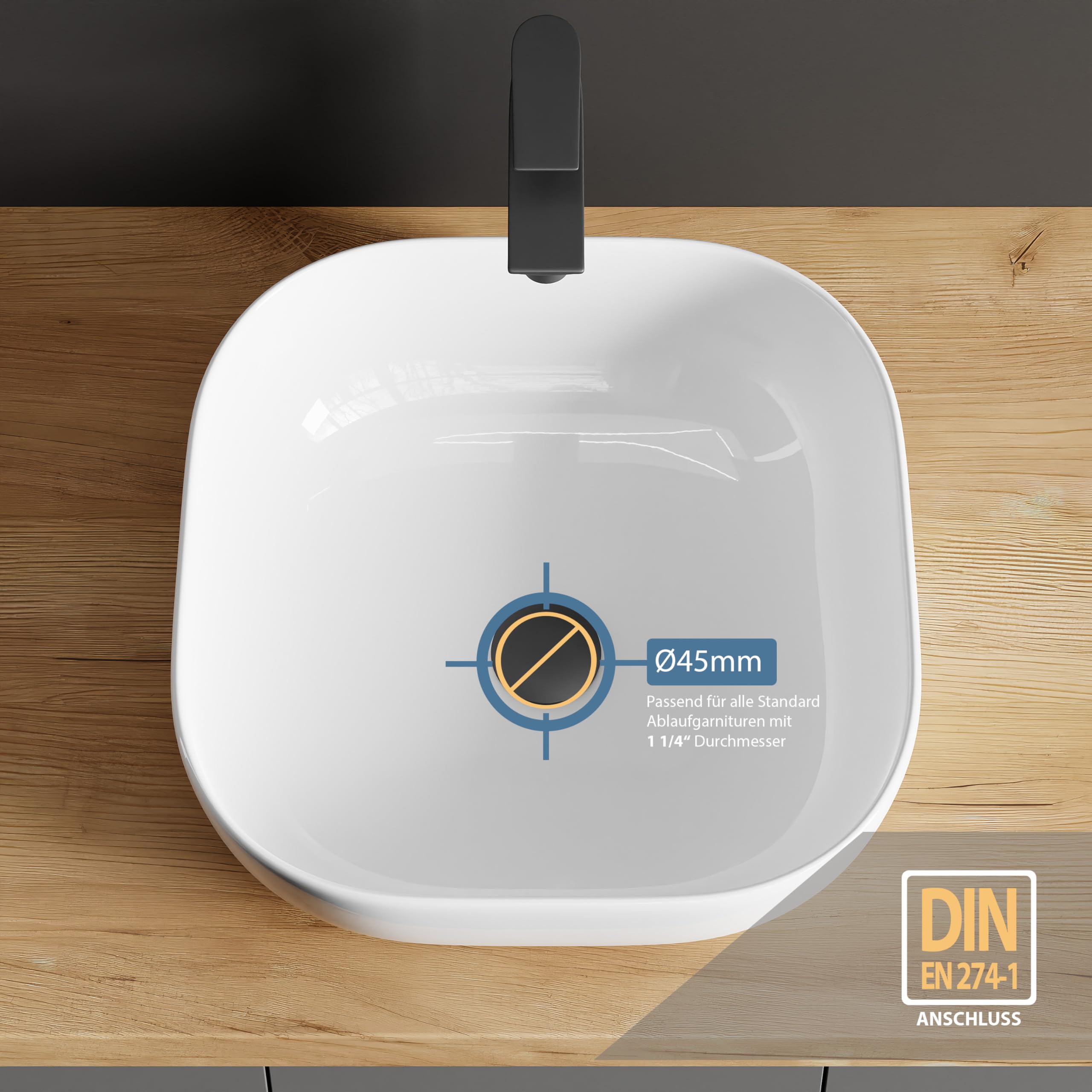 Planetmöbel Aquil Deluxe umywalka Square | Umywalka nablatowa do łazienki i WC dla gości | Umywalka do ręcznego spłukiwania bez otworu na baterię i przelewu | biała, 42,5 x 42,5 x14 cm