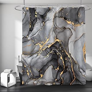 Black Grey Marble Shower Curtain, Modern Abstract Dark Fabric Shower Curtain for Bathroom, Luxury Art Decor Black Gold Ink Texture Watercolor Shower Curtain Set with Hooks 72x72