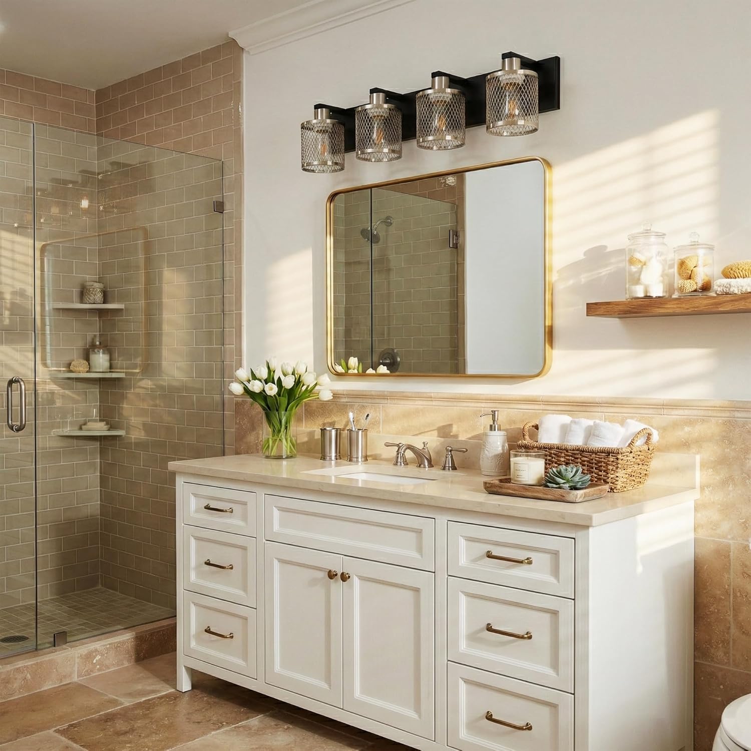Bathroom Light Fixtures Brushed Nickel Vanity Lights 28 inch 4 Lights Farmhouse Bathroom Vanity Light Vintage Design Wall Sconces Lighting for Mirror Attic Corridor Cellar Wall Lamps