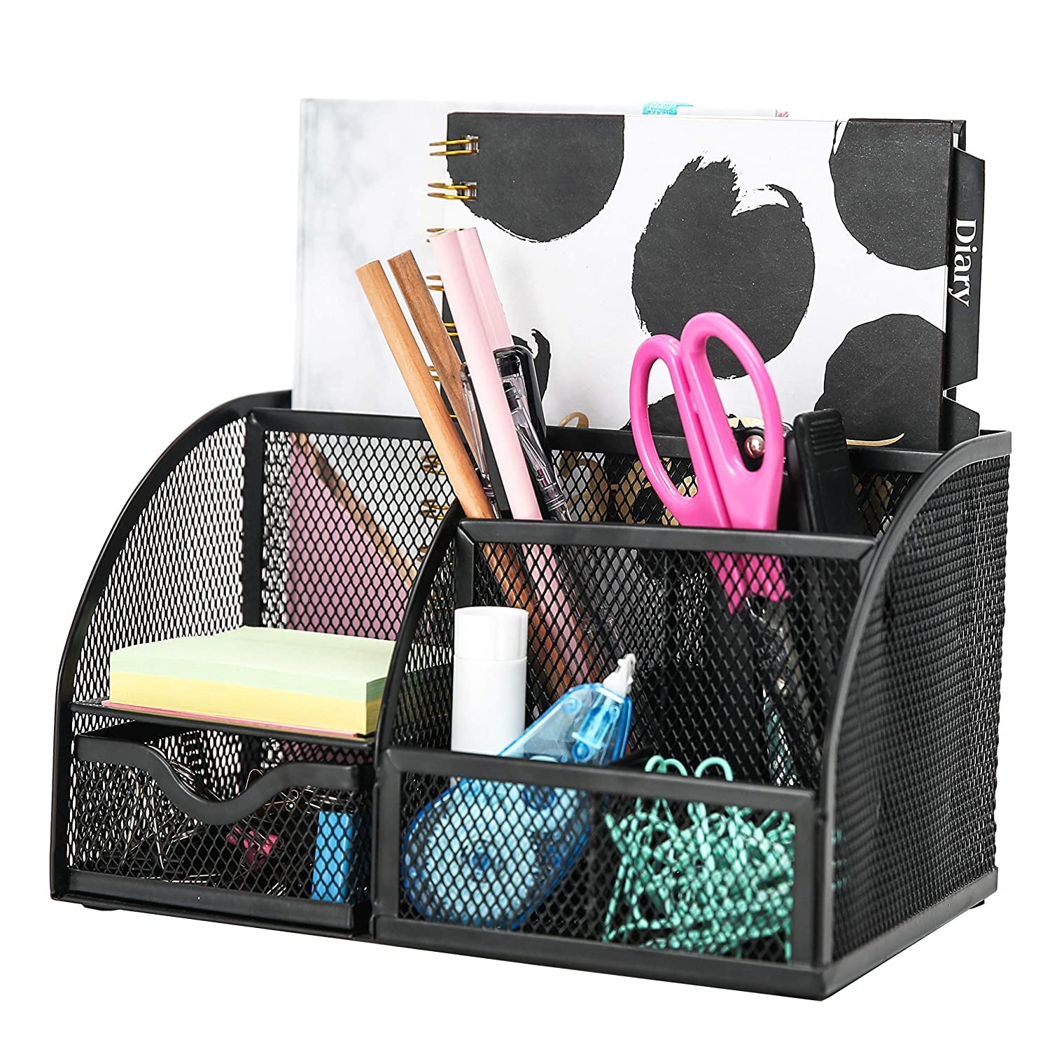 Handcuffs Desk Organizer Metal Mesh Pen and Pencil Storage Box with 6 Compartments | Stationary | Supplies | Holder | Study | Table Organiser | Office | Accessories (Black)