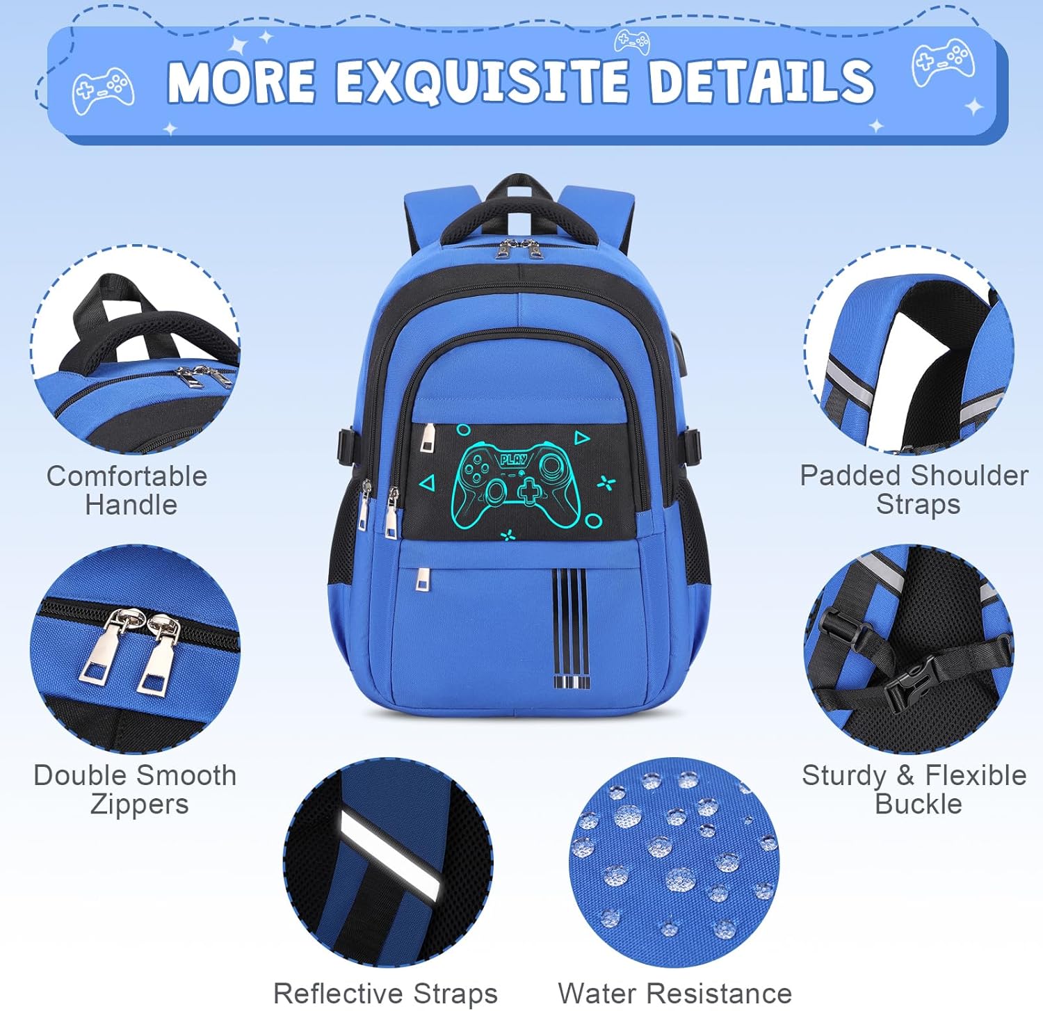 Boys Backpack - 3PCS Cool Luminous Backpack for Boys School Backpacks for Kids Kindergarten Elementary Preschool Middle School Bags with Lunch Box Pencil Case Set (Blue Game Console) - Image 4