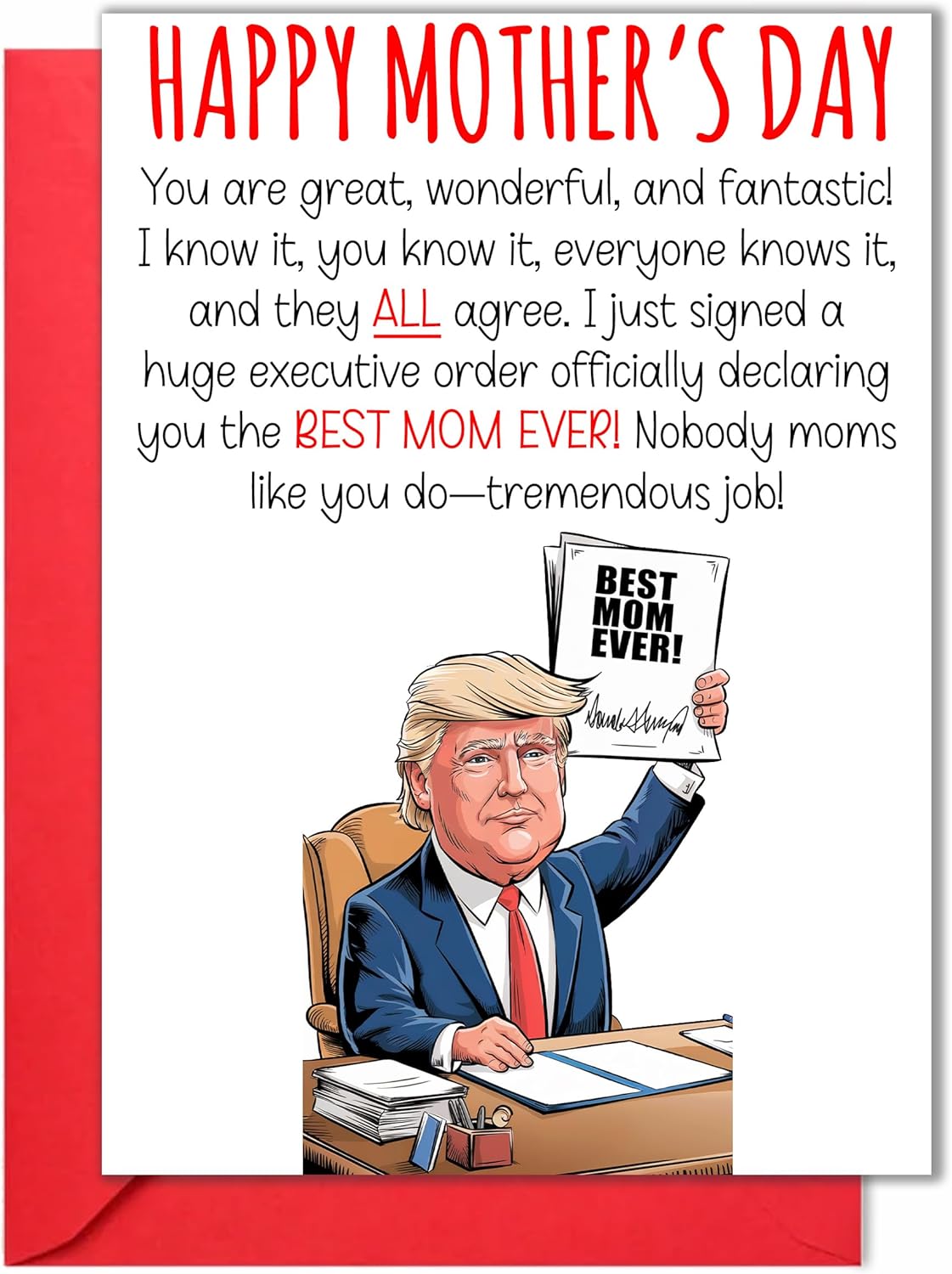Funny Mothers Day Card from Son, Daughter, Kids for Mom, Grandma, Nana - Gag Gift Idea for Mother - Humor Card, Folded 5x7inch with Red Envelope