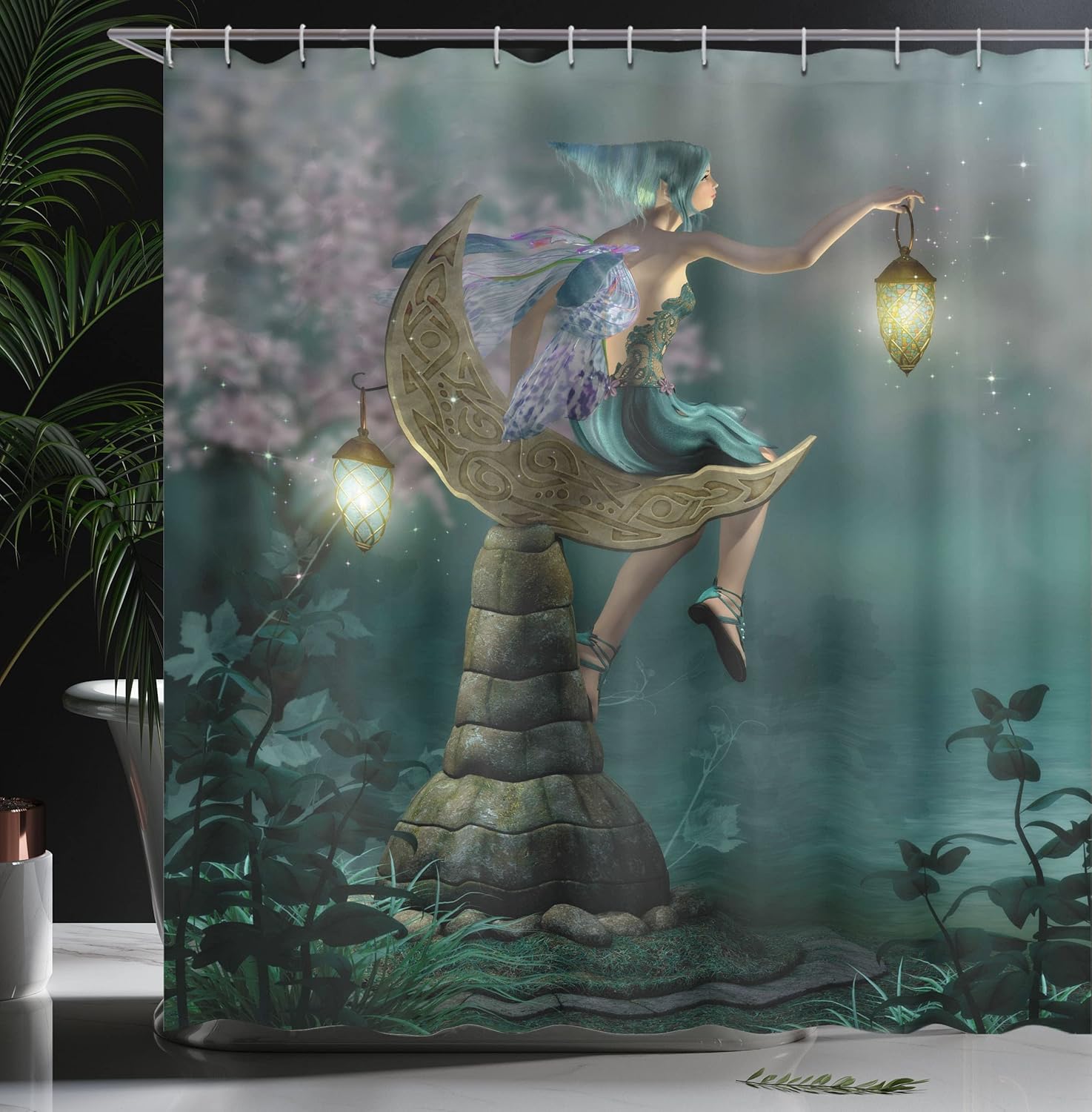 Ambesonne Fantasy Shower Curtain, Little Pixie Elf Forest Woodland Sitting Moon Stone Myth Illustration Art, Cloth Fabric Bathroom Decor Set with Hooks, 69" W x 70" L, Yellow Lilac Teal