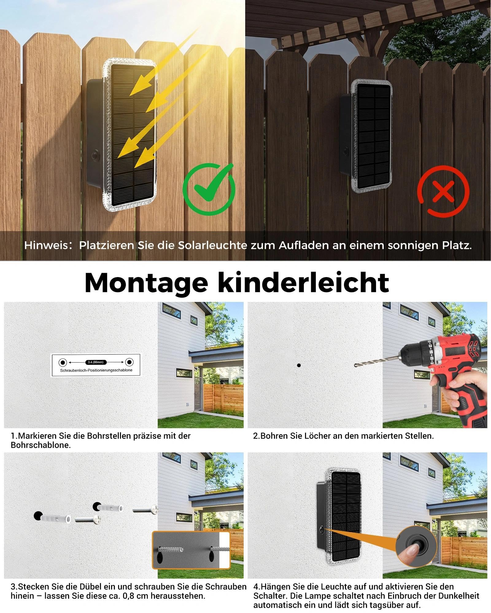 vighep Solar Wandleuchte Außen 8er-Set, Up & Down Leuchte Solar mit 5 Farbtemperaturen 3000K–6000K, IP65 Wasserdicht, Solarlampen für AußenWand und Gartenzaun, für Hauswand, Terrasse, Balkon, Eingang