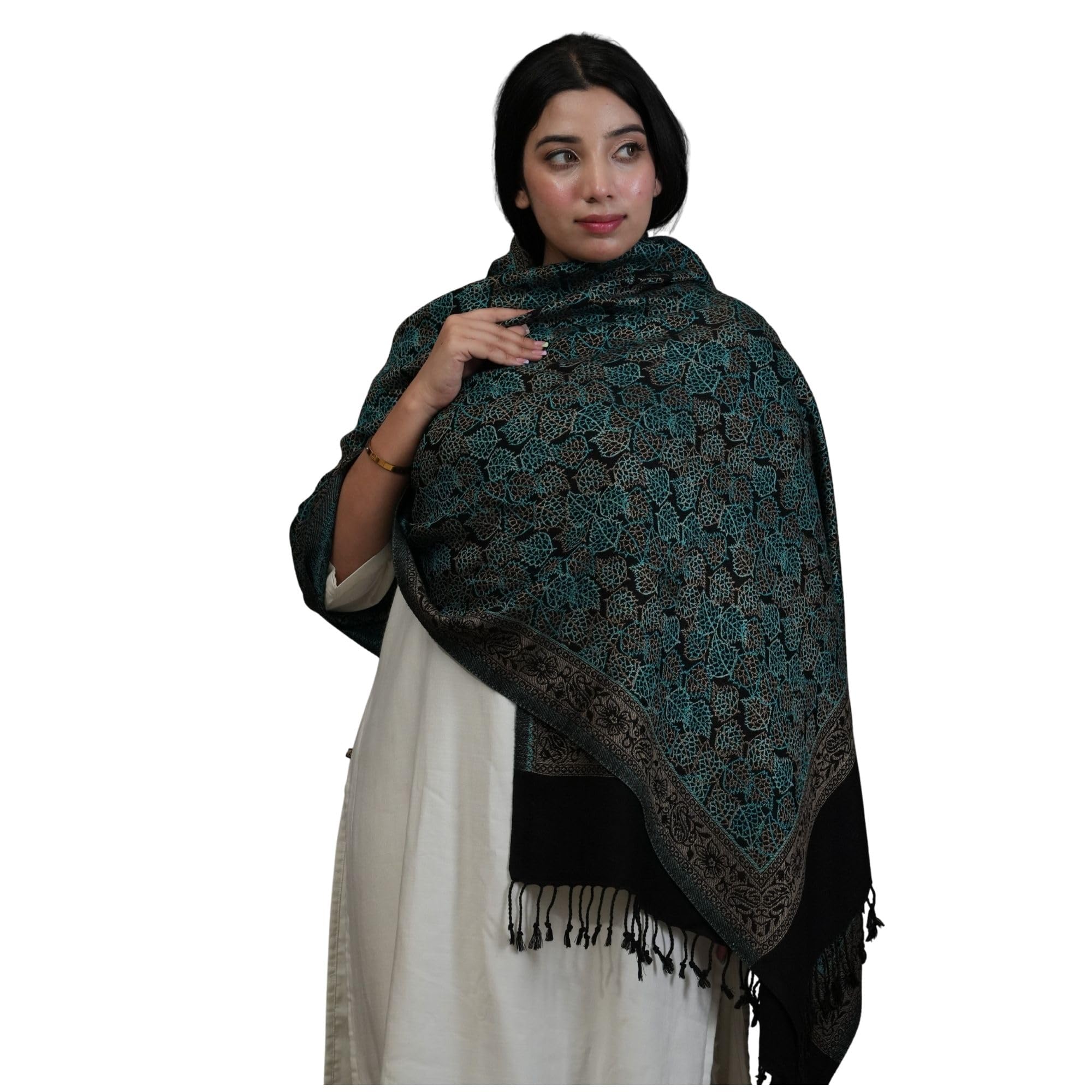 Women's Acrylic Woven Shawl | Soft Lightweight Warm Ethnic Winter Wrap | Black NG-image-40