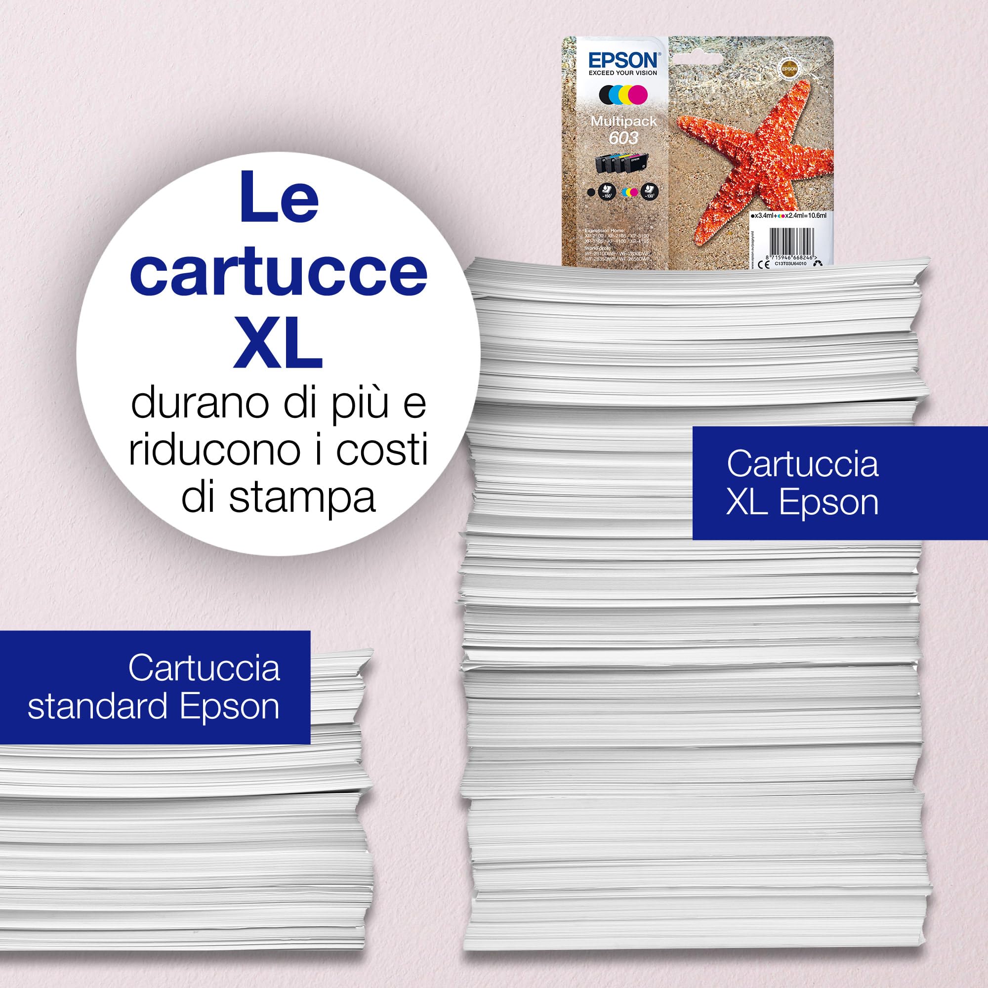 Epson Serie 603 Stella Marina - Cartucce originali per Stampante getto d'Inchiostro, Multipack 4 colori (Nero, Ciano, Magenta, Giallo) Standard, Stampa fino 130 pagine colori/150 Black, Pack EasyMail