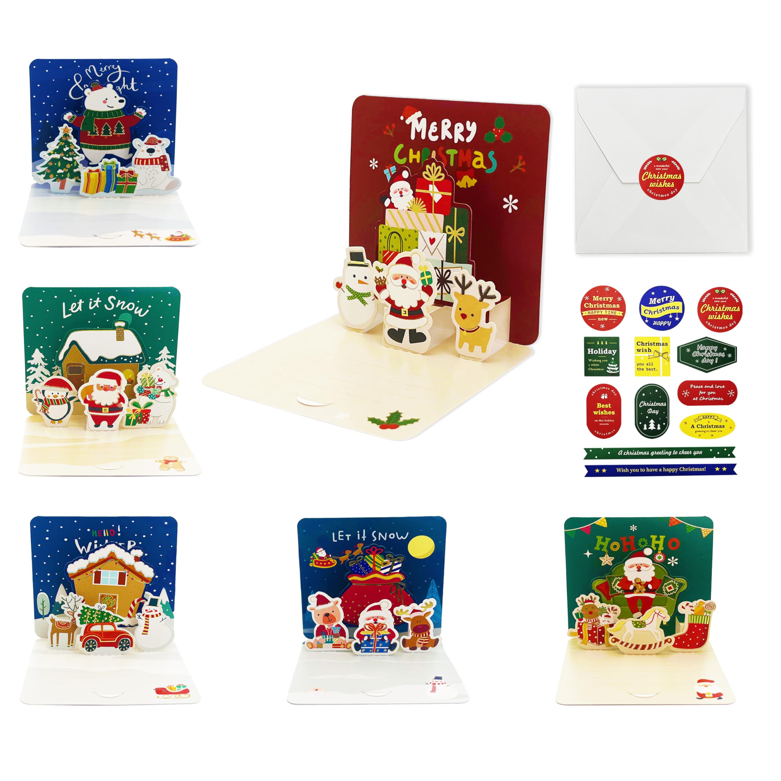 6 sztuk 3D Kartki Świąteczne z Kopertami, Mini Kartek Bożonarodzeniowych, Popup Christmas Card, Kartek Boże Narodzenie dla dzieci, przyjaciół i rodziny
