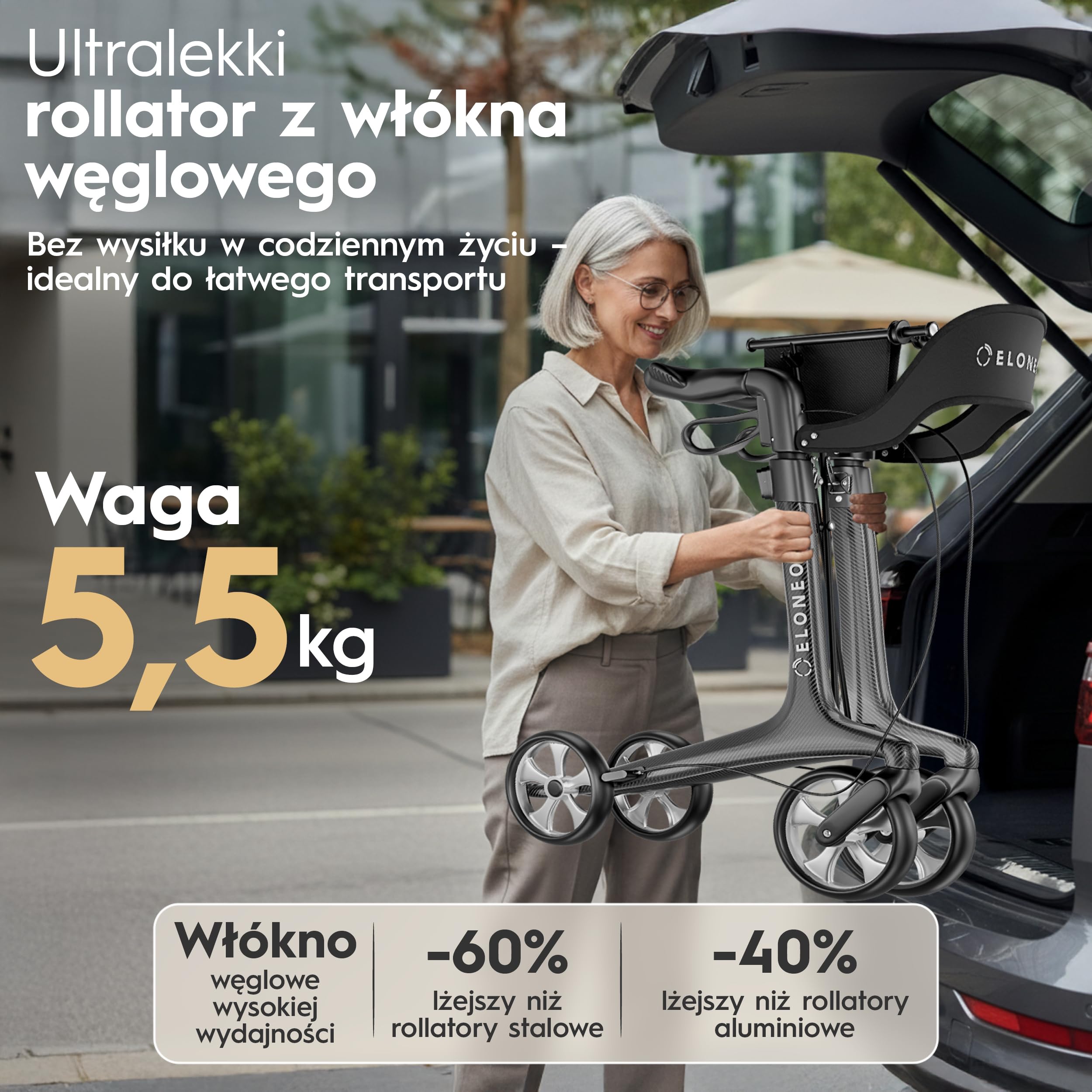 Rollator węglowy składany lekki z siedziskiem, ultralekki rollator podróżny 5,5 kg, balkonik dla seniorów z 9-stopniową regulacją wysokości, składana pomoc do chodzenia, z torbą