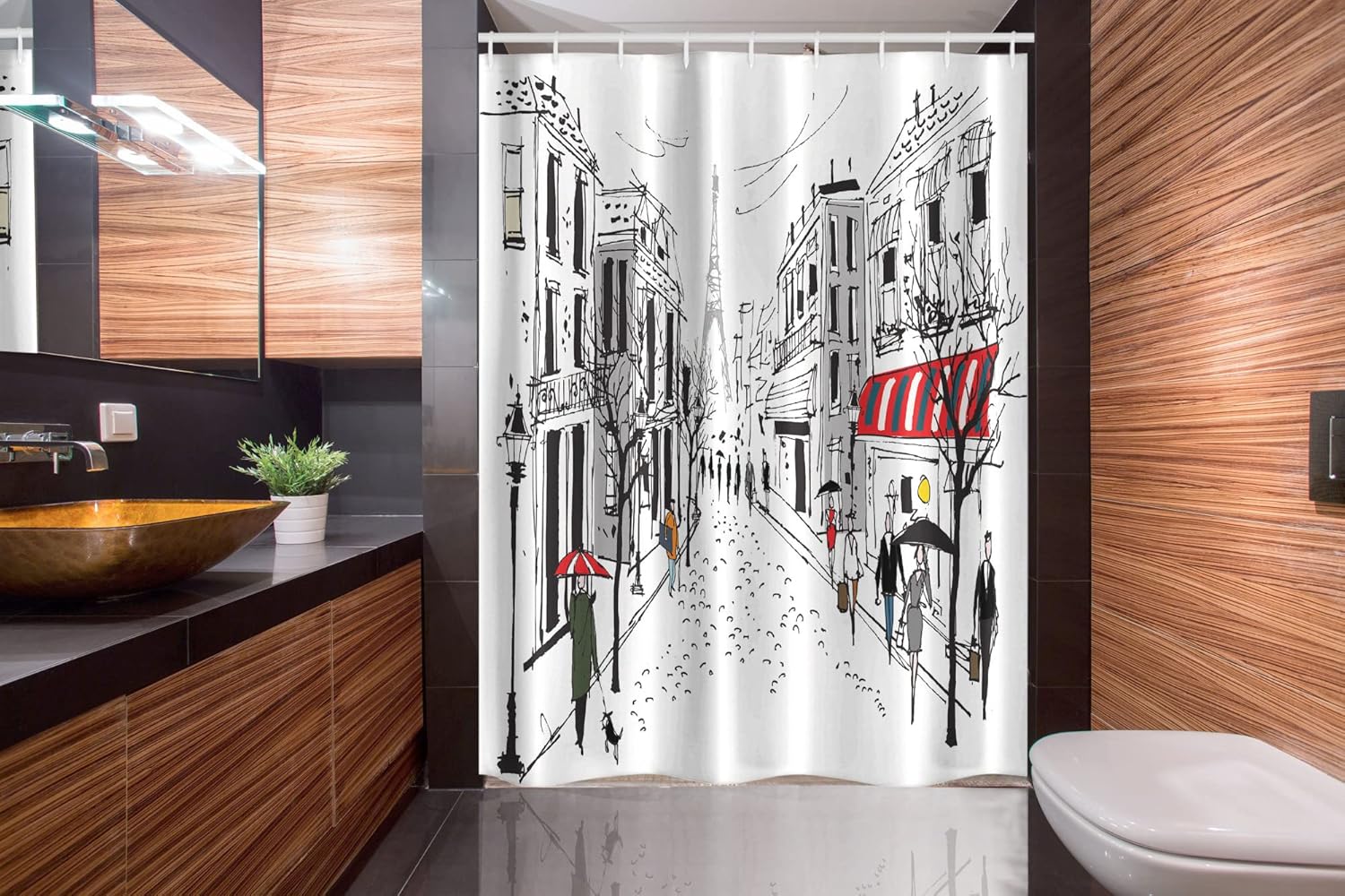 Ambesonne Paris Stall Shower Curtain, Old French Pedestrians Stores Trees and The Silhouette of Eifffel Urban Illustration, Fabric Bathroom Decor Set with Hooks, 54" W X 78" L, Gray White
