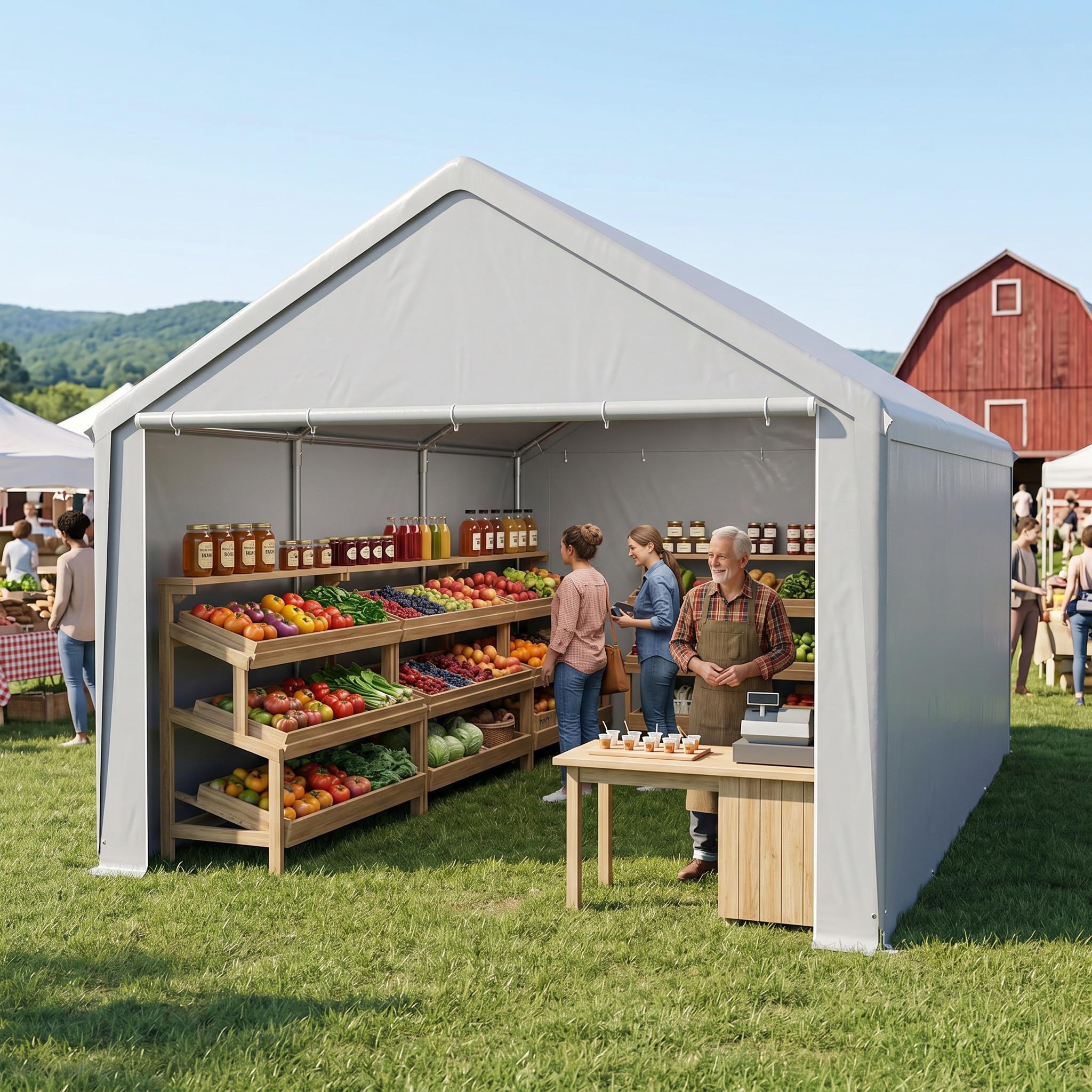 Aufun Carport Garage de tente 4 x 6 m, tente de rangement imperméable avec toit en polyéthylène, tente de garage avec parois latérales amovibles, résistante aux UV, abri d'hiver pour voiture, SUV