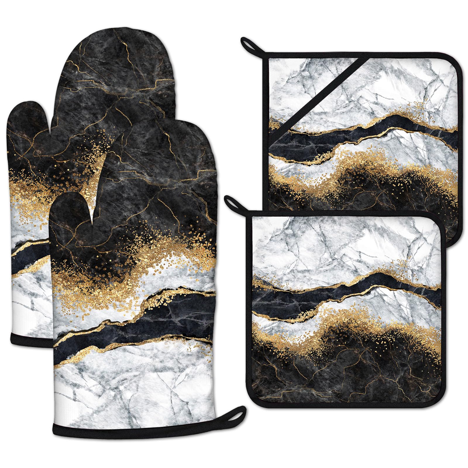 Ofenhandschuhe und Topflappen, Marmor, Schwarz, Weiß, Gold, 4 Stück, extra lang, hitzebeständig, Topflappen zum Backen, Grillen, Grillen