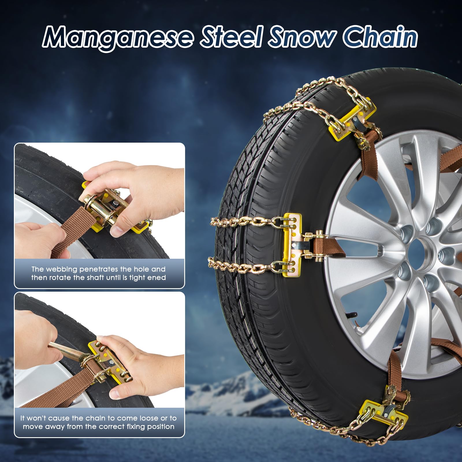 Cadenas para Nieve - Juego de 6 Ajustables y Resistentes Con Pala de Plástico y Guantes - Para Coches, Camiones, SUV - Ancho 165-265 mm