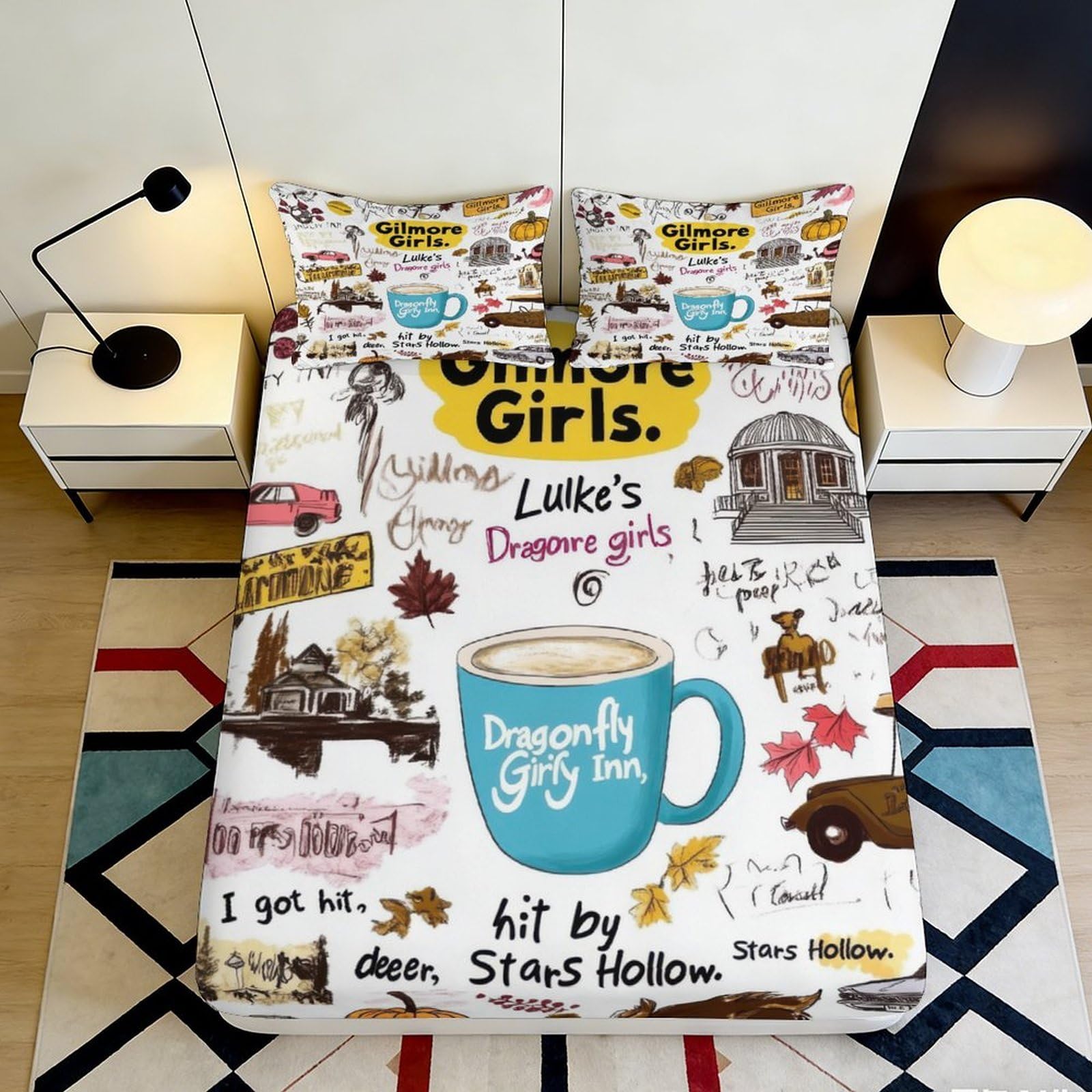 3D Printed Gilmore Girls Fitted Sheet Microfiber Soft Coffee Mug Stars Hollow Bed Cover for Bedroom Dorm Mattress Protector 120x200x25cm