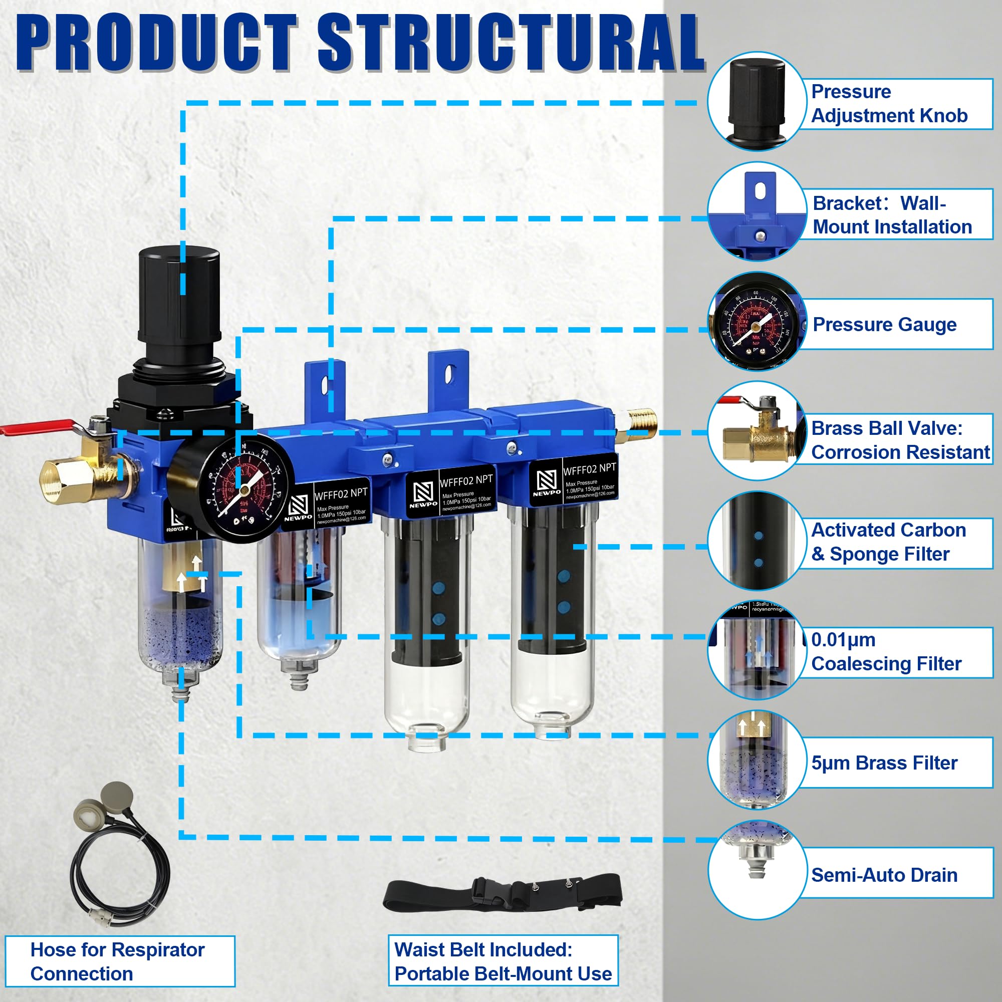 NEWPO Secador de aire NPT de 4 etapas de 1/4 pulgadas para compresor, regulador de filtro de aire, separador de agua/aceite/olor, latón de 5 μm y filtros coalescentes y desodorizantes de 0,01 μm
